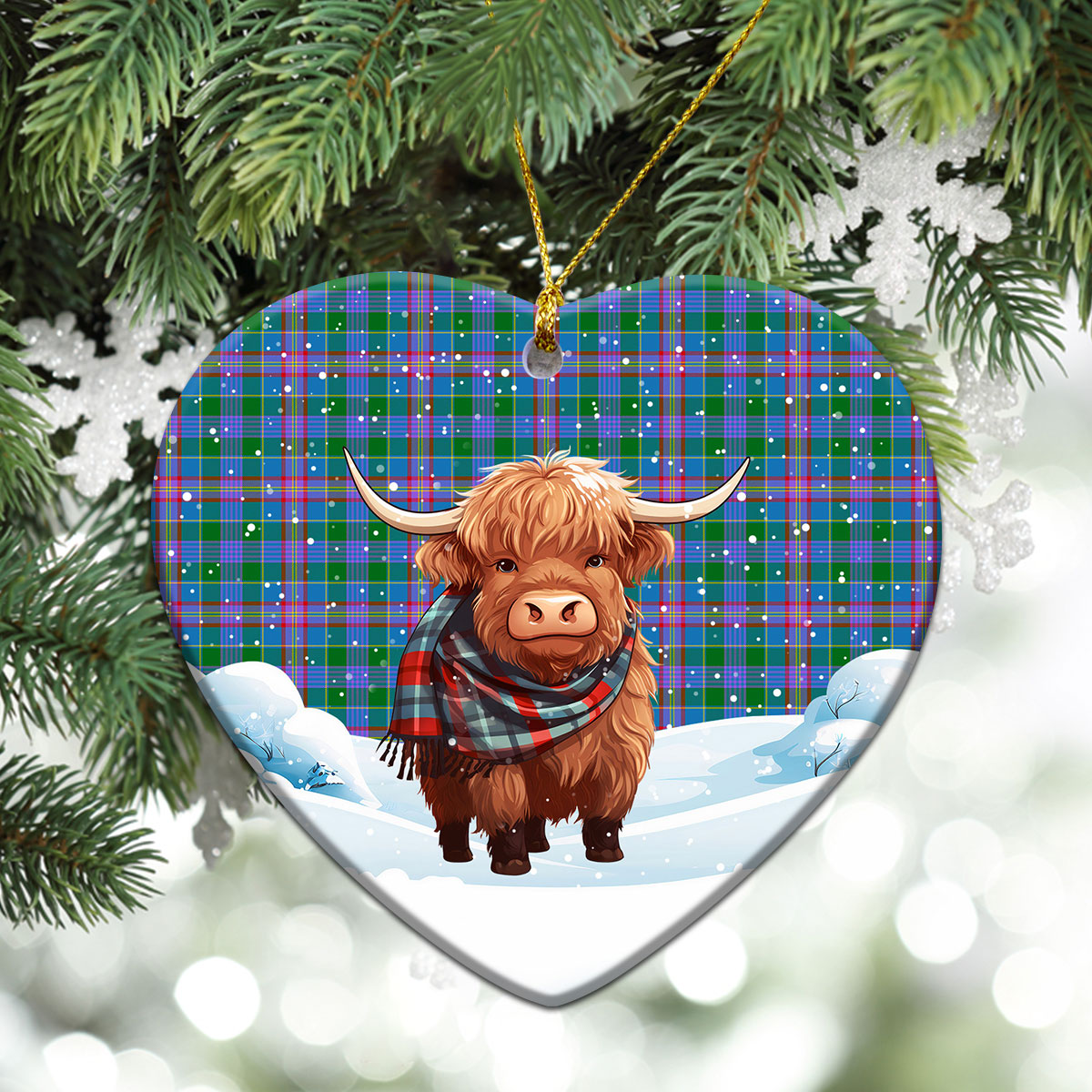 Pitcairn Hunting Tartan Christmas Ceramic Ornament - Highland Cows Snow Style