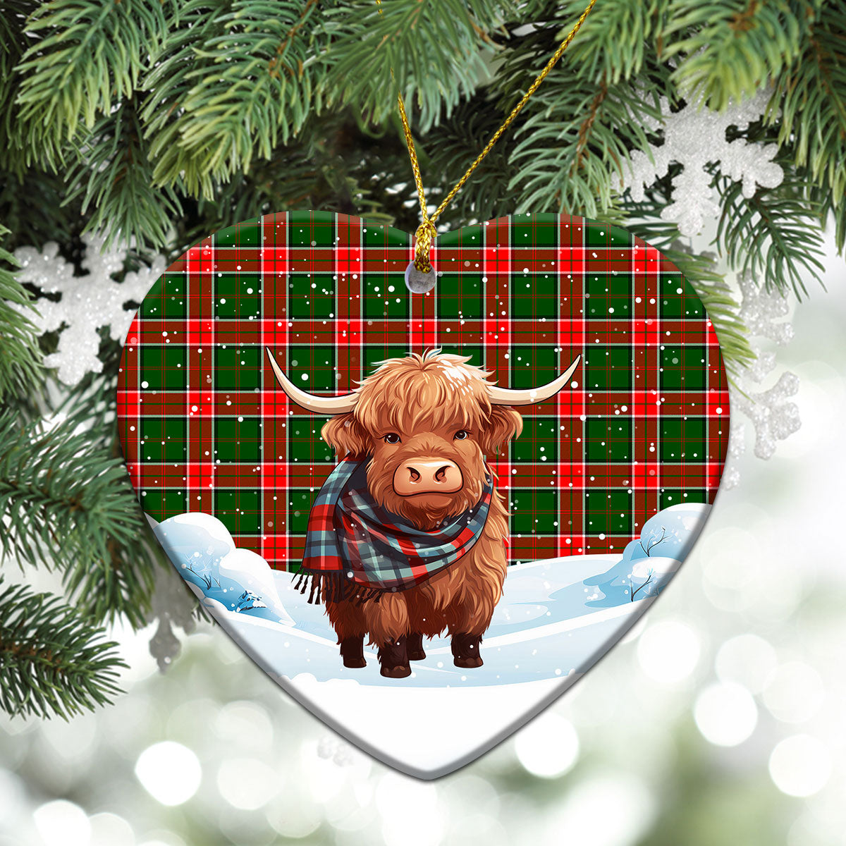 Pollock Tartan Christmas Ceramic Ornament - Highland Cows Snow Style