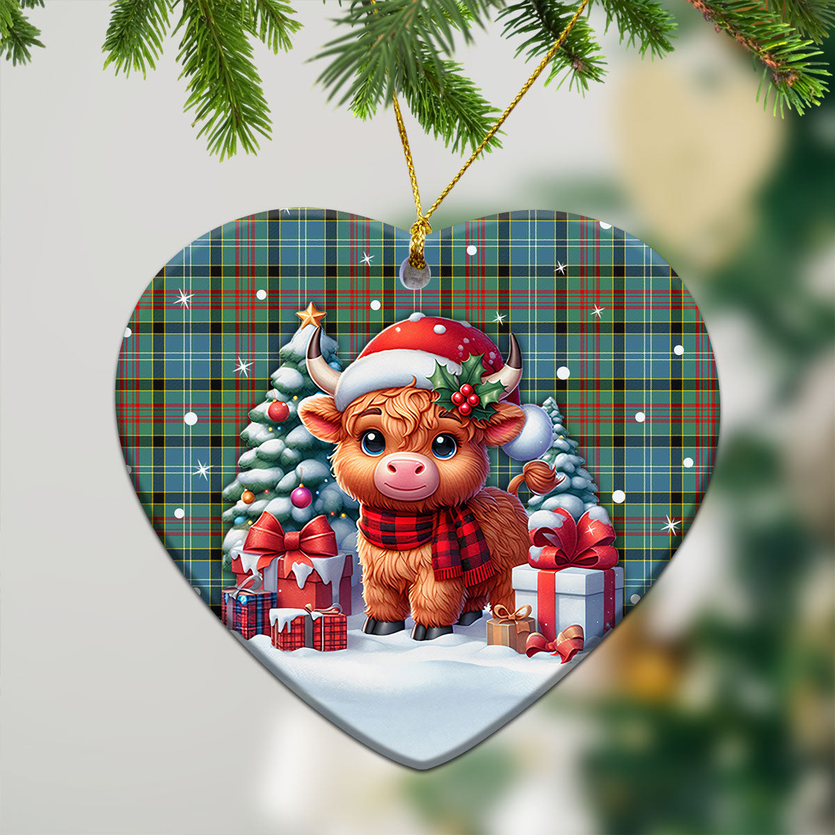 Porterfield Tartan Christmas Ceramic Ornament - Highland Cow Winter Style