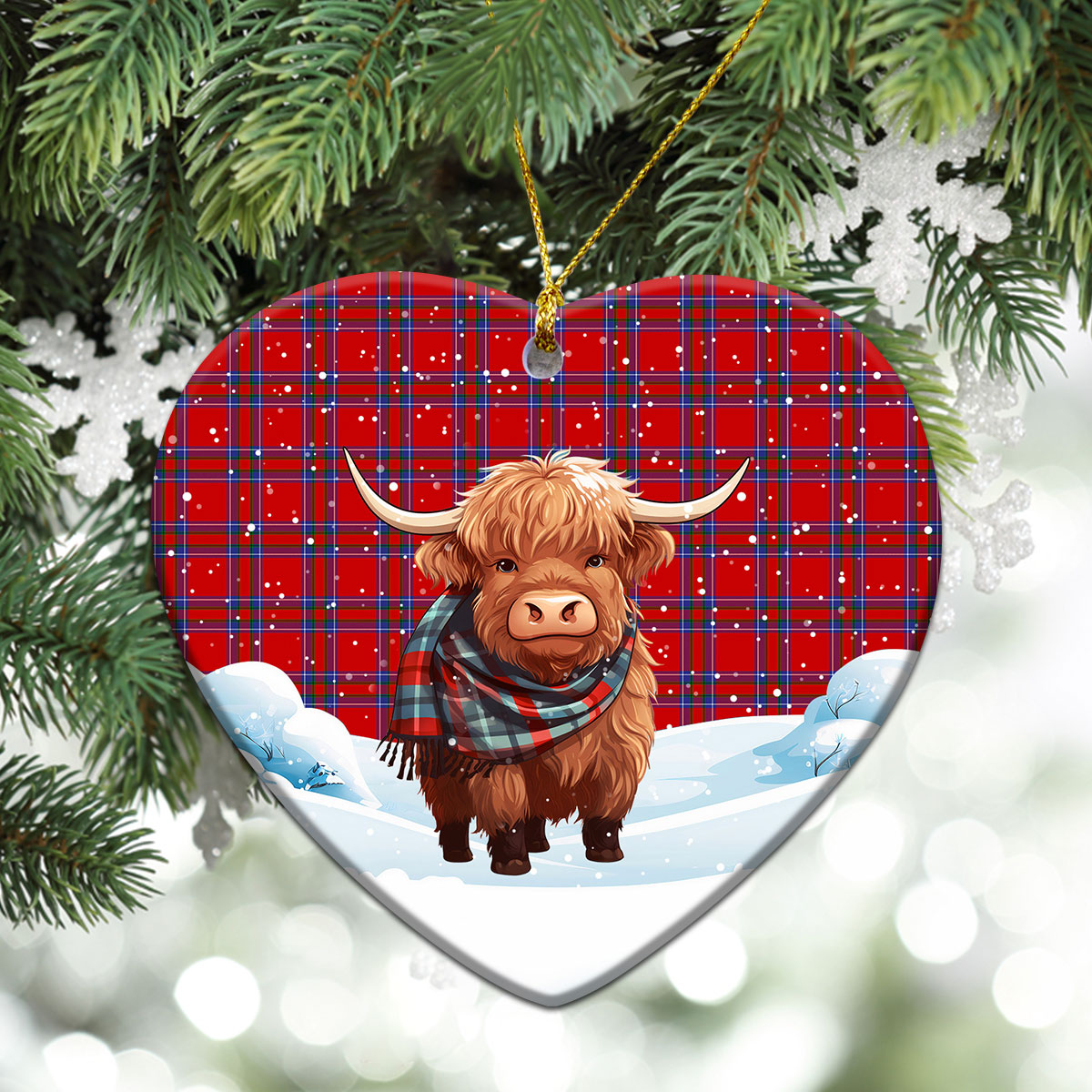 Rait Tartan Christmas Ceramic Ornament - Highland Cows Snow Style