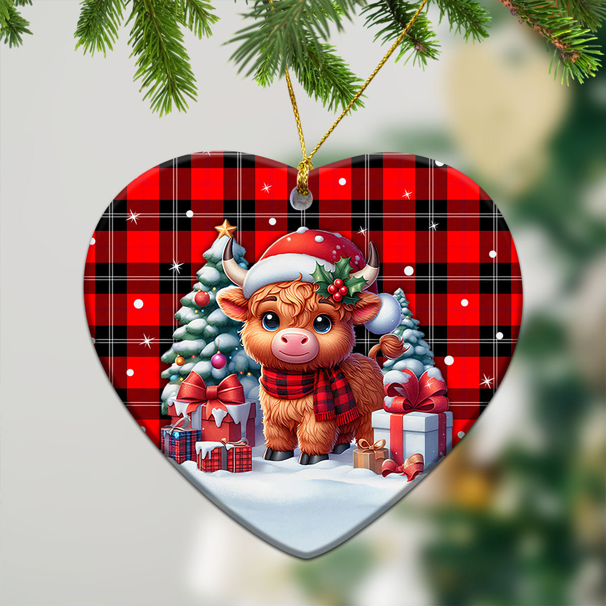 Ramsay Modern Tartan Christmas Ceramic Ornament - Highland Cow Winter Style