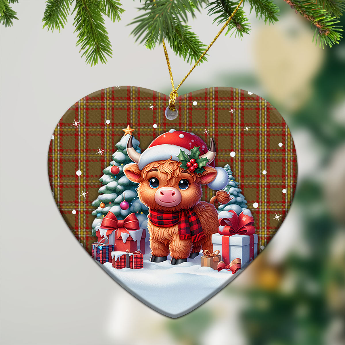 Reid Ancient Tartan Christmas Ceramic Ornament - Highland Cow Winter Style