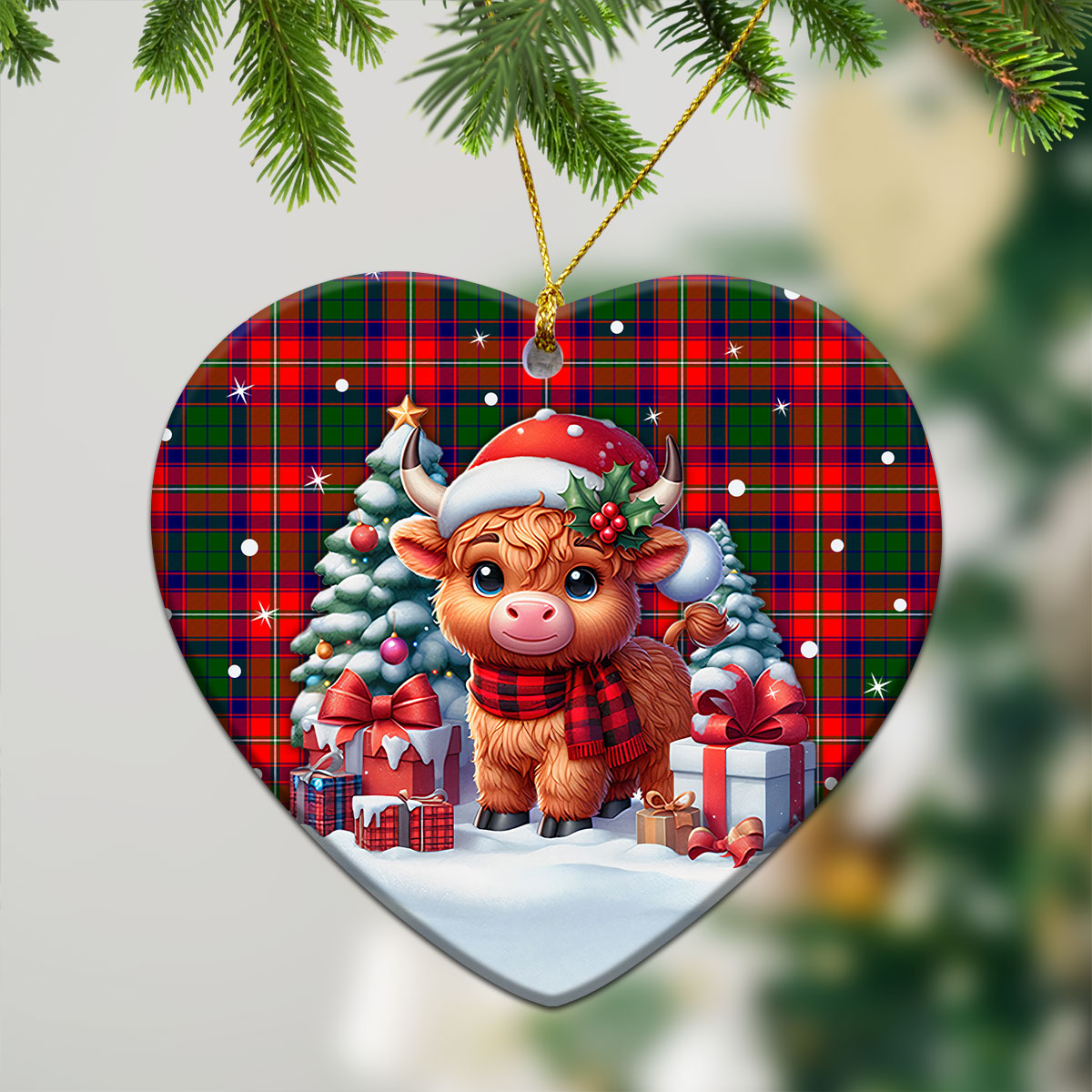 Riddell Tartan Christmas Ceramic Ornament - Highland Cow Winter Style