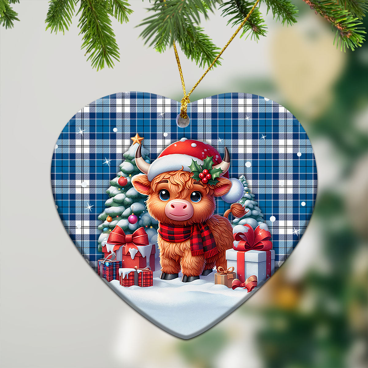 Roberton Tartan Christmas Ceramic Ornament - Highland Cow Winter Style