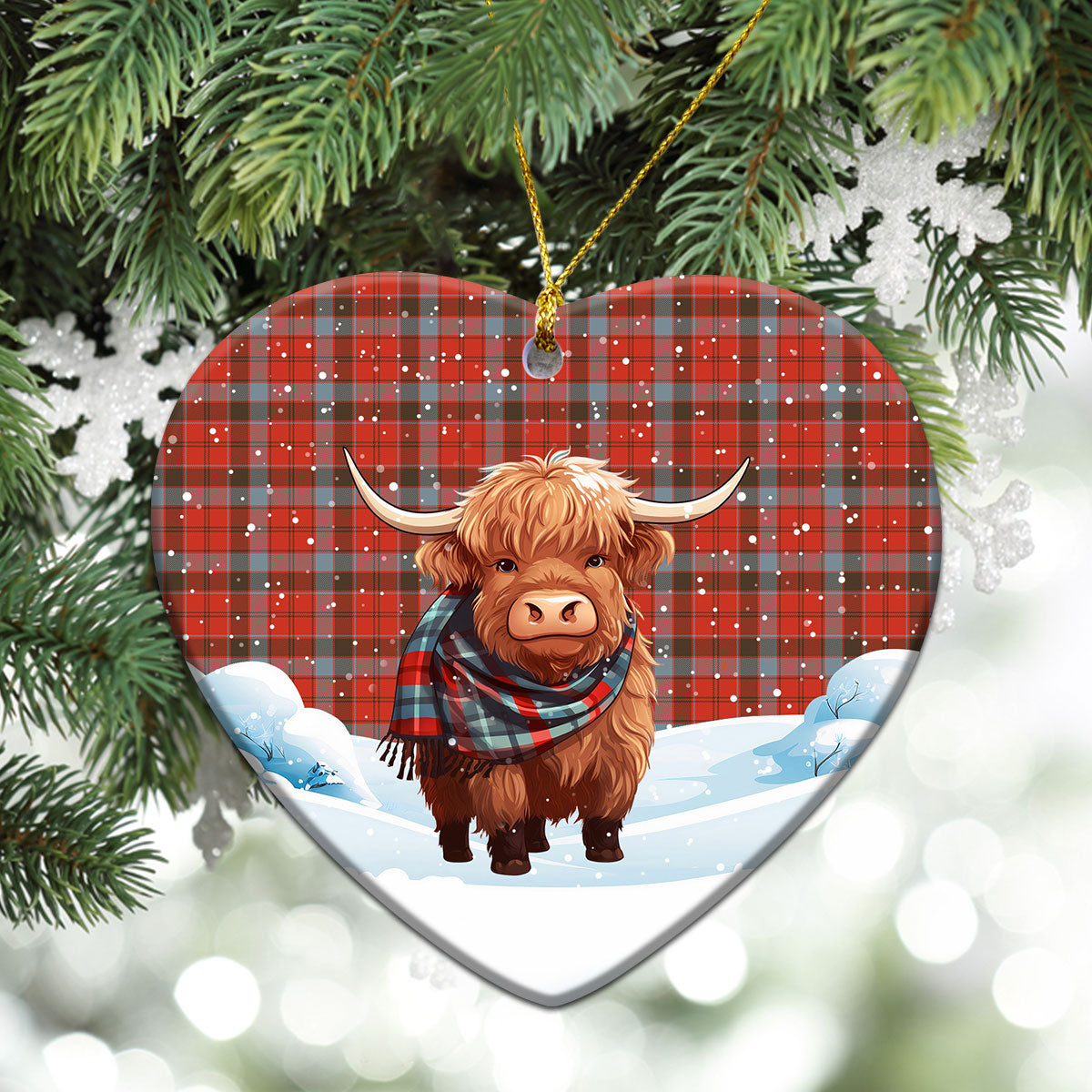 Robertson Weathered Tartan Christmas Ceramic Ornament - Highland Cows Snow Style