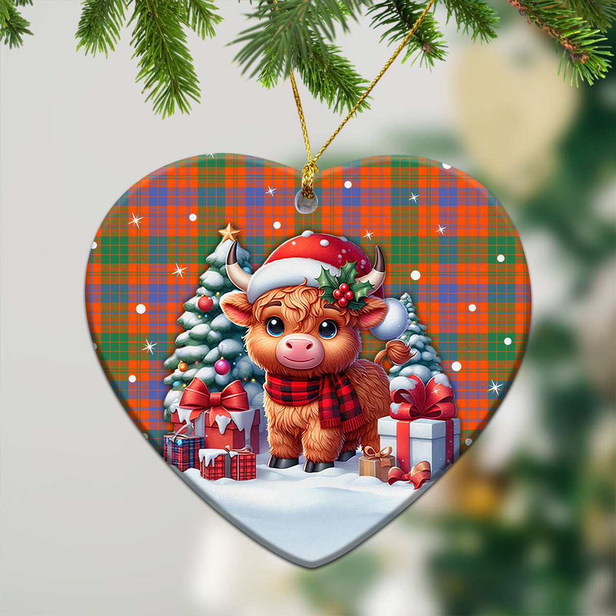 Ross Ancient Tartan Christmas Ceramic Ornament - Highland Cow Winter Style