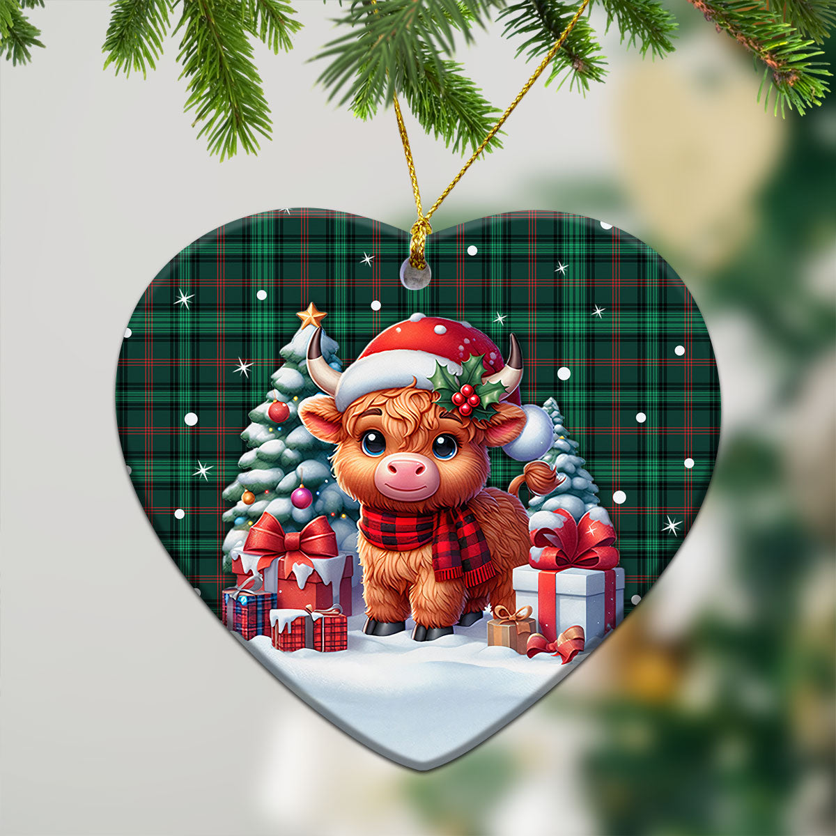 Ross Hunting Modern Tartan Christmas Ceramic Ornament - Highland Cow Winter Style