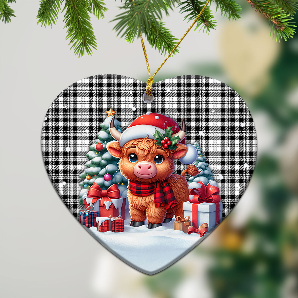 Scott Black & White Modern Tartan Christmas Ceramic Ornament - Highland Cow Winter Style