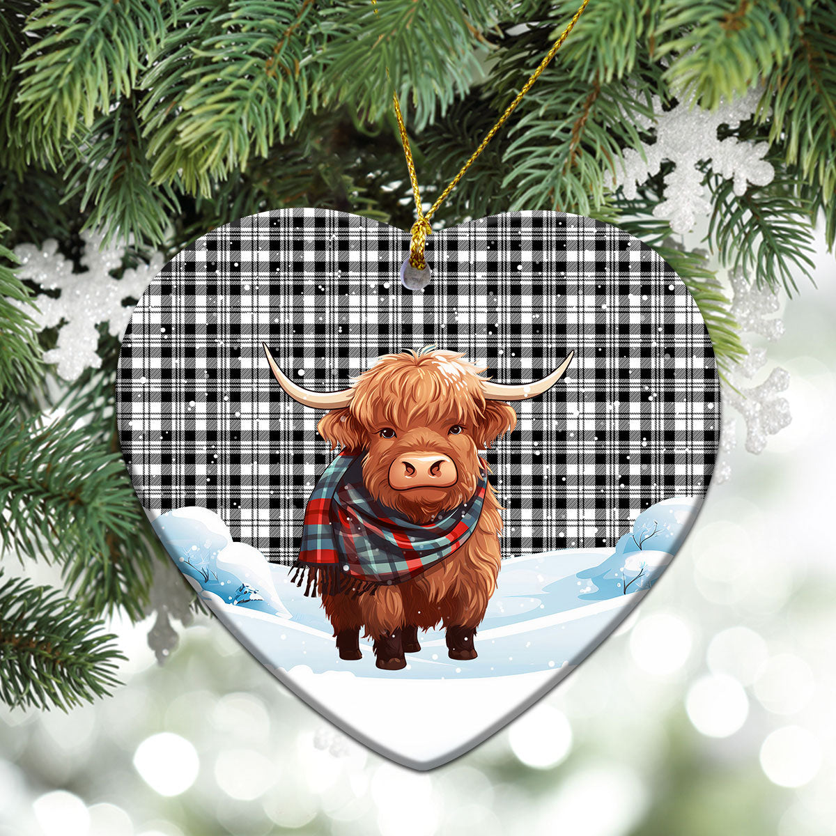 Scott Black & White Modern Tartan Christmas Ceramic Ornament - Highland Cows Snow Style