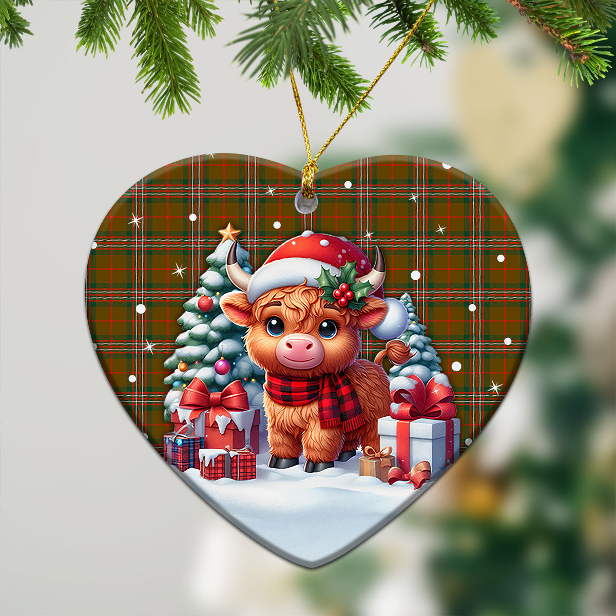 Scott Brown Modern Tartan Christmas Ceramic Ornament - Highland Cow Winter Style