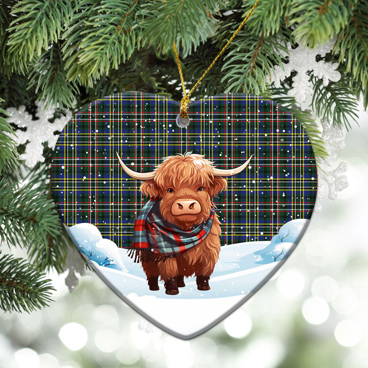 Scott Green Modern Tartan Christmas Ceramic Ornament - Highland Cows Snow Style