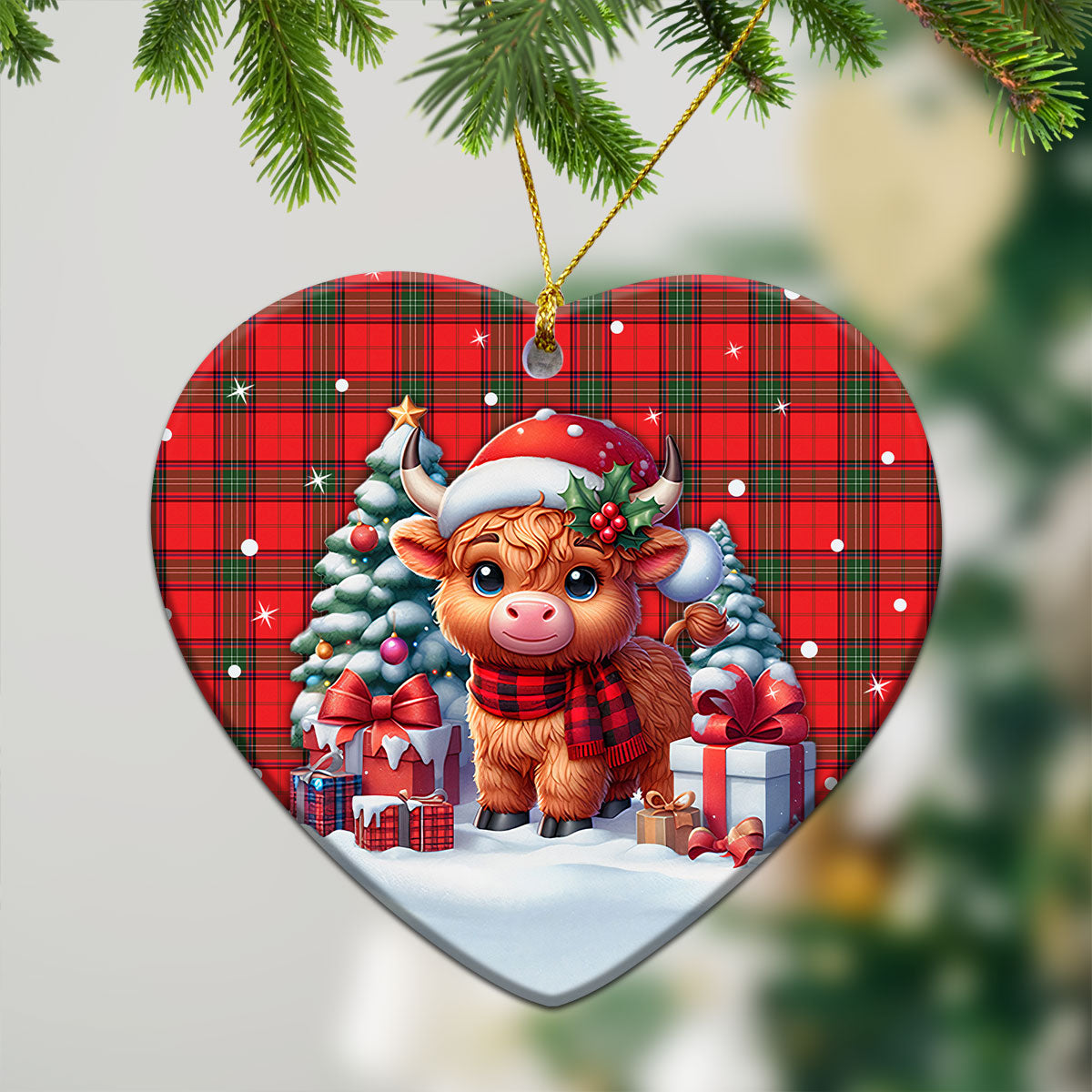 Seton Modern Tartan Christmas Ceramic Ornament - Highland Cow Winter Style