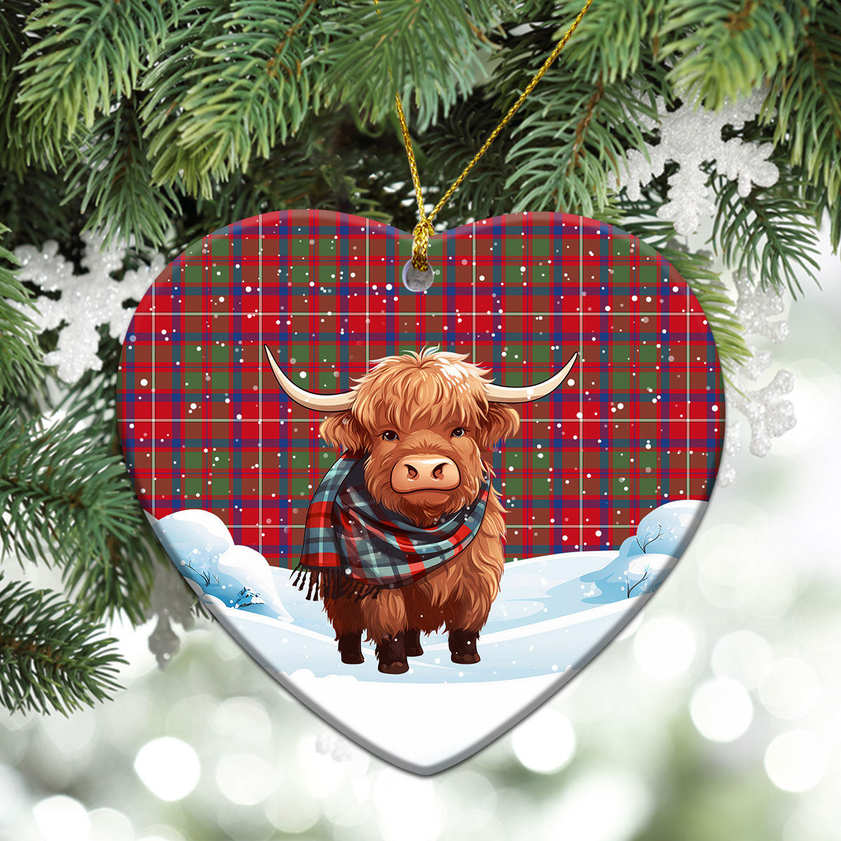 Shaw Red Modern Tartan Christmas Ceramic Ornament - Highland Cows Snow Style