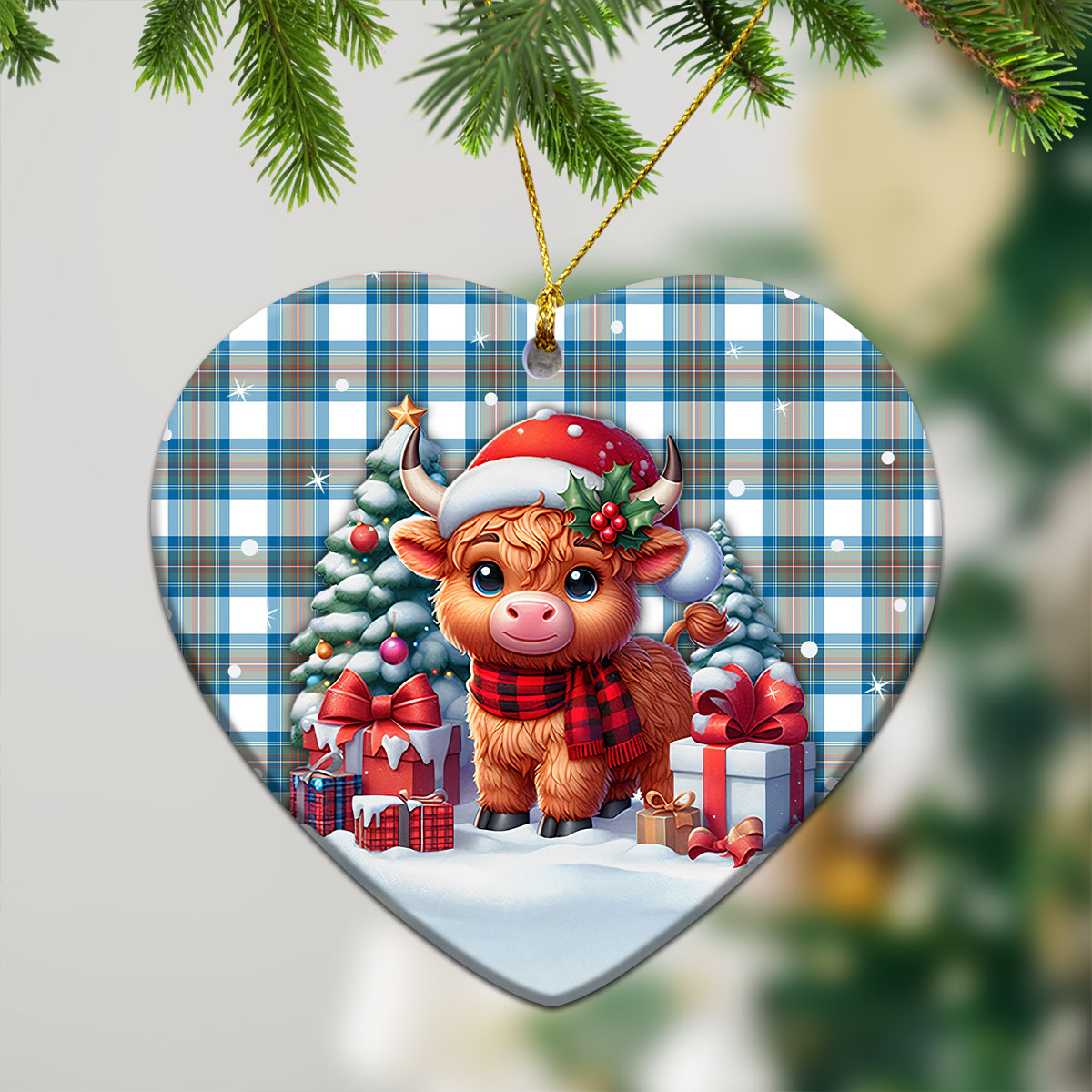 Stewart Muted Blue Tartan Christmas Ceramic Ornament - Highland Cow Winter Style