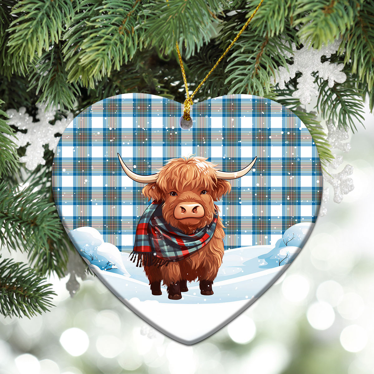 Stewart Muted Blue Tartan Christmas Ceramic Ornament - Highland Cows Snow Style