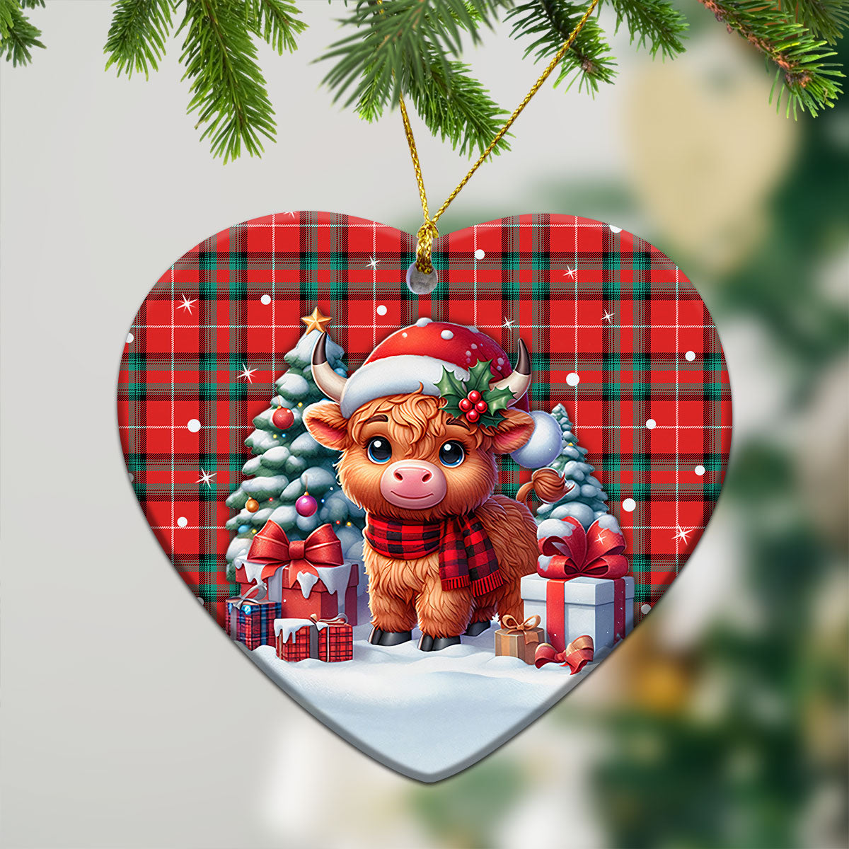 Stewart (Stuart) of Bute Tartan Christmas Ceramic Ornament - Highland Cow Winter Style