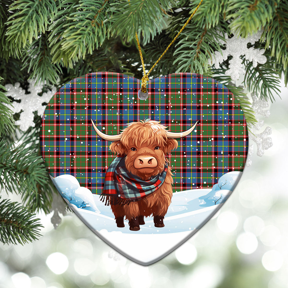 Stirling (of Cadder-Present Chief) Tartan Christmas Ceramic Ornament - Highland Cows Snow Style