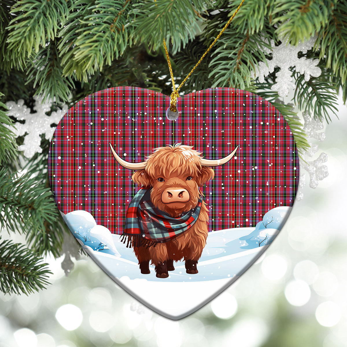 Udny Tartan Christmas Ceramic Ornament - Highland Cows Snow Style