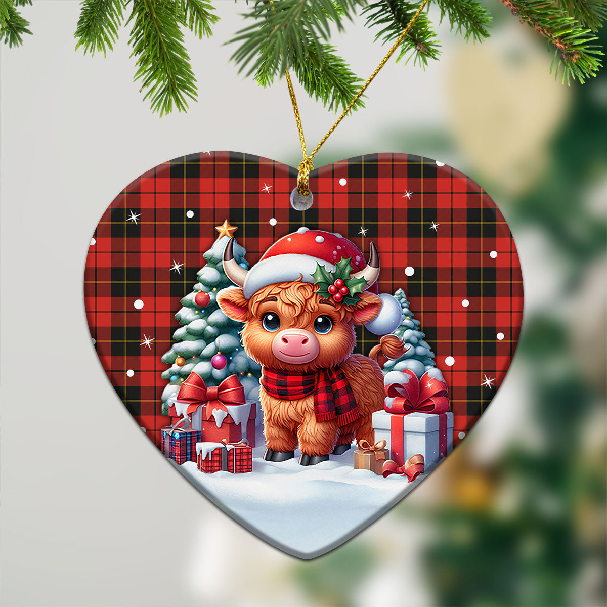 Wallace Weathered Tartan Christmas Ceramic Ornament - Highland Cow Winter Style