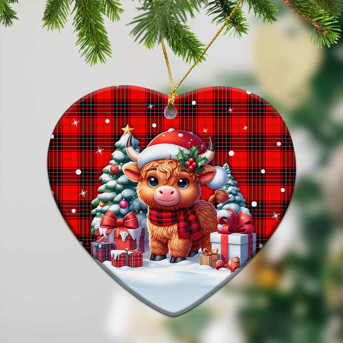 Wemyss Modern Tartan Christmas Ceramic Ornament - Highland Cow Winter Style