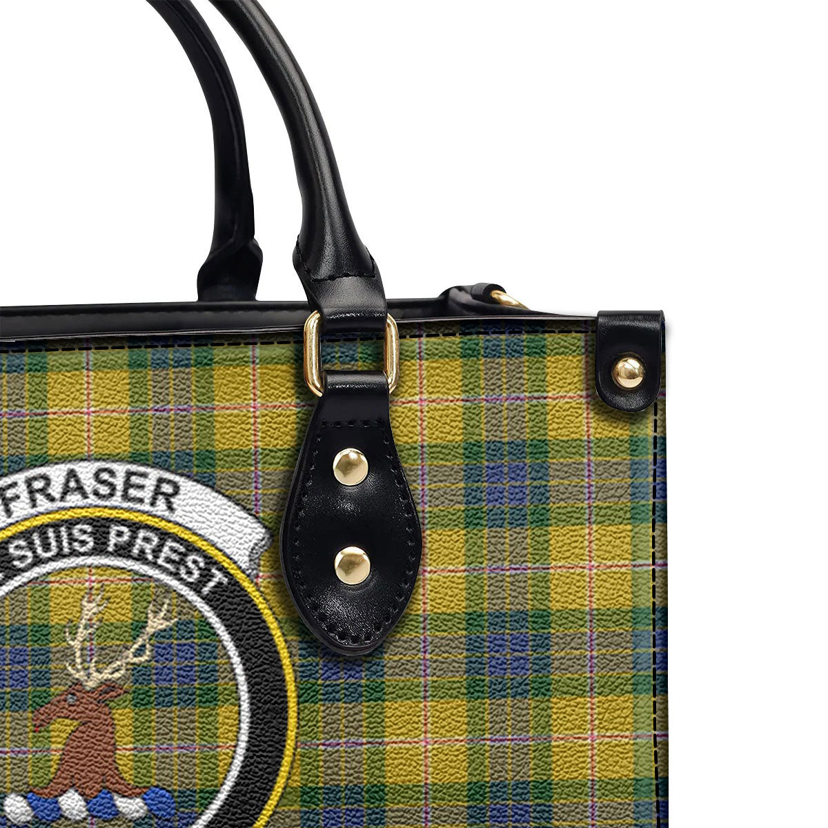 Fraser (of Lovat) Yellow Tartan Crest Leather Handbag