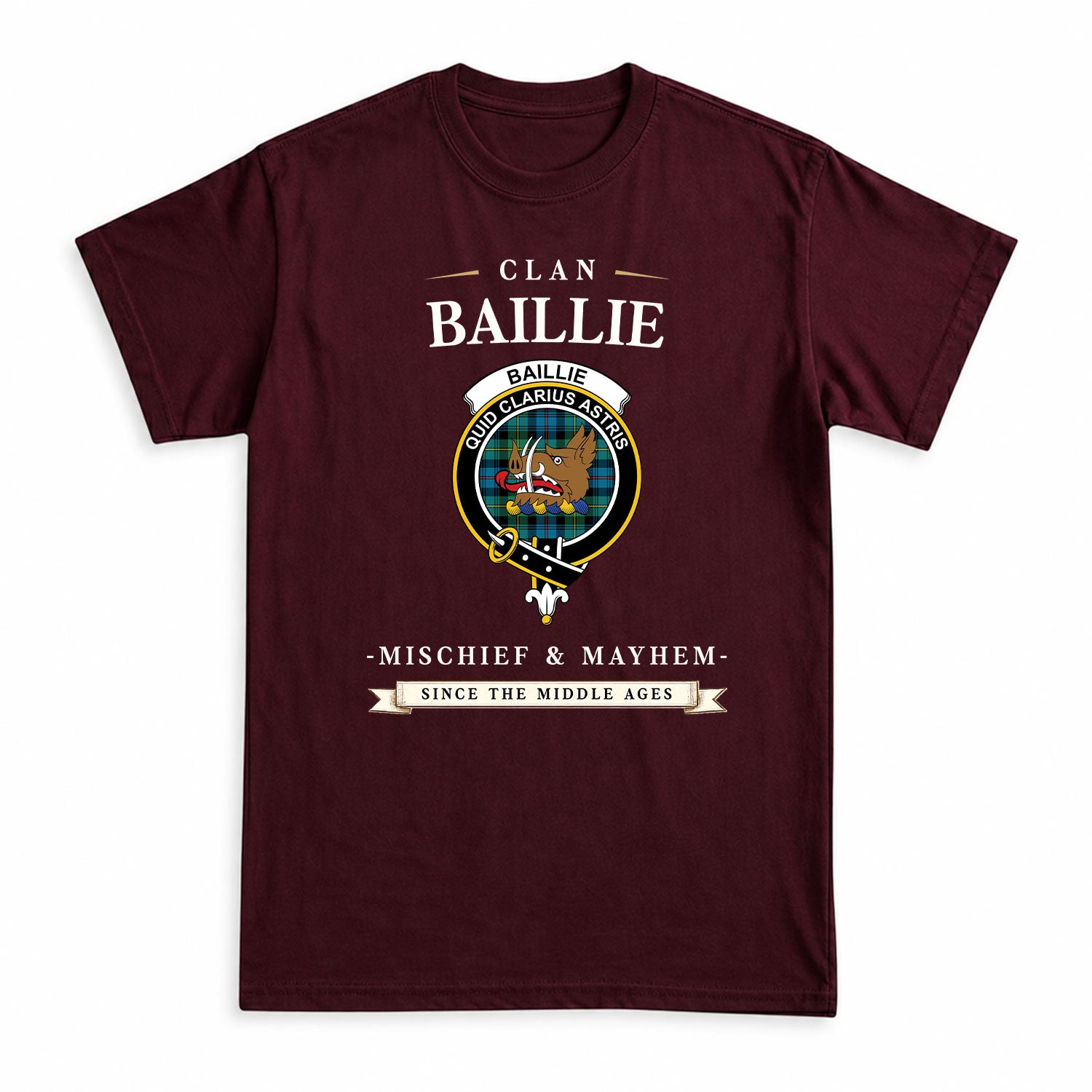 Baillie Ancient Tartan Crest Mischief and Mayhem T-shirt