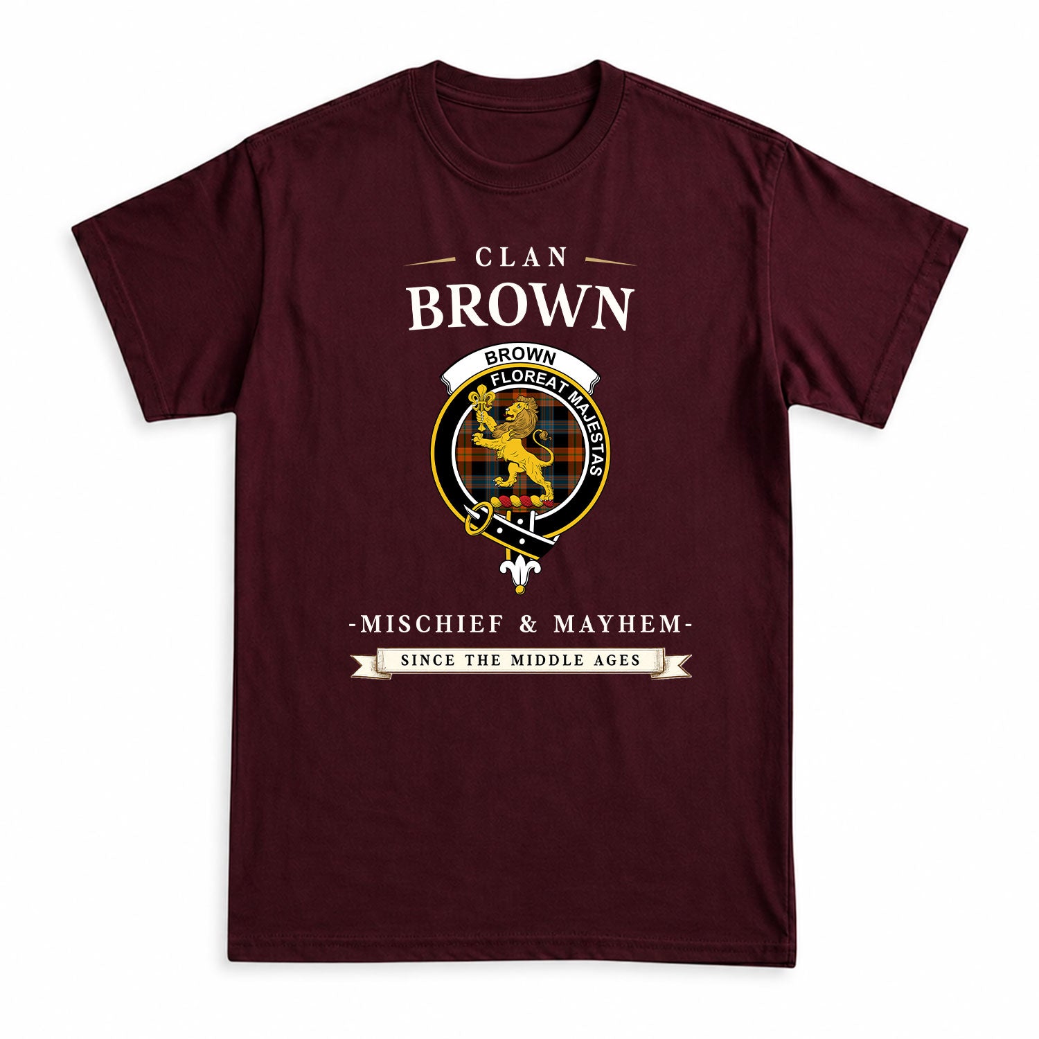 Brown Ancient Tartan Crest Mischief and Mayhem T-shirt