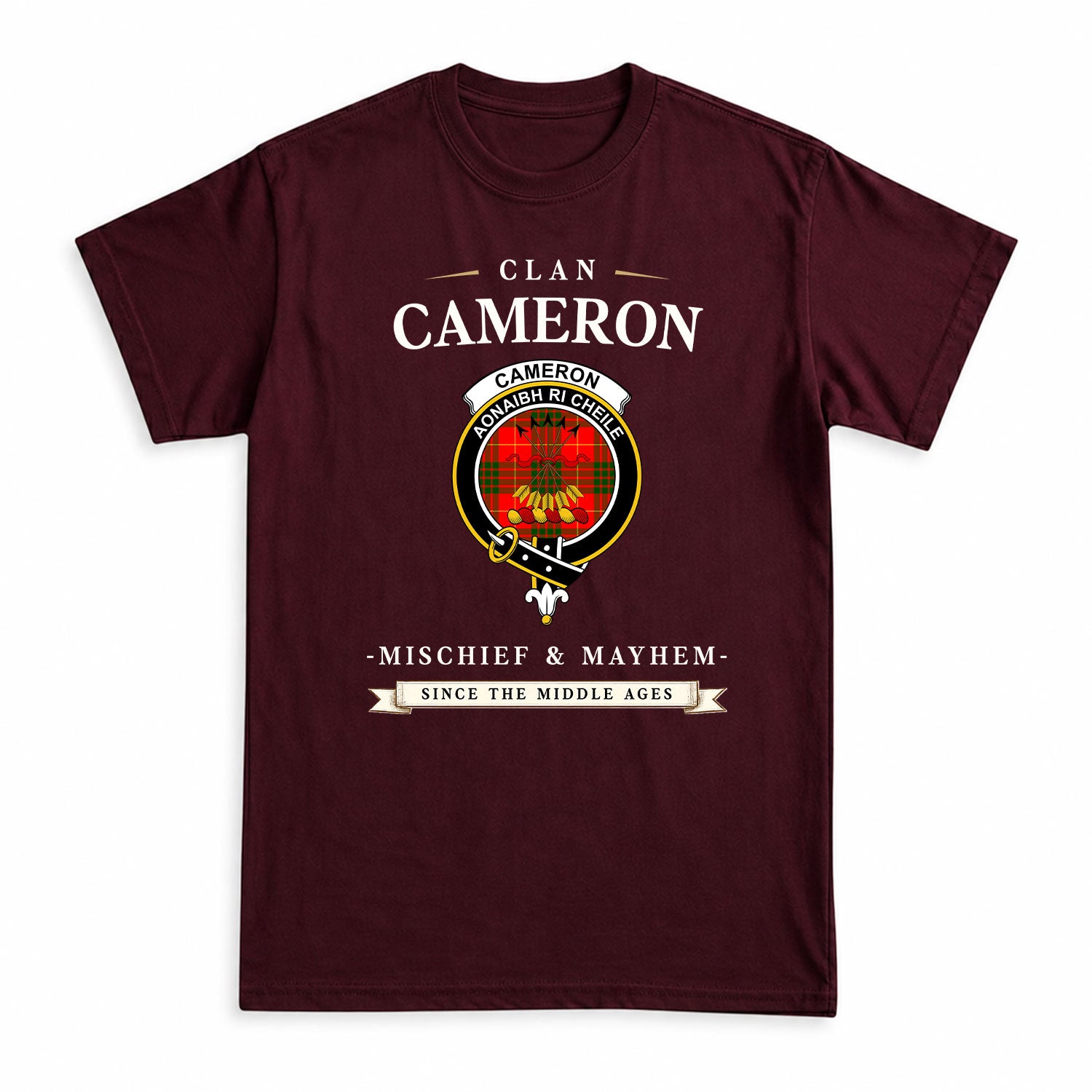 Cameron Modern Tartan Crest Mischief and Mayhem T-shirt