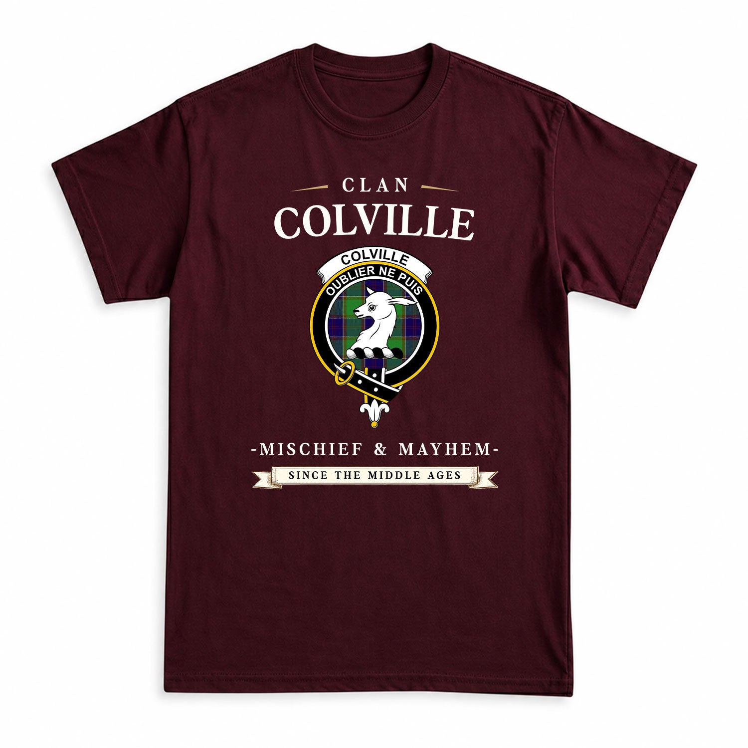 Colville Tartan Crest Mischief and Mayhem T-shirt