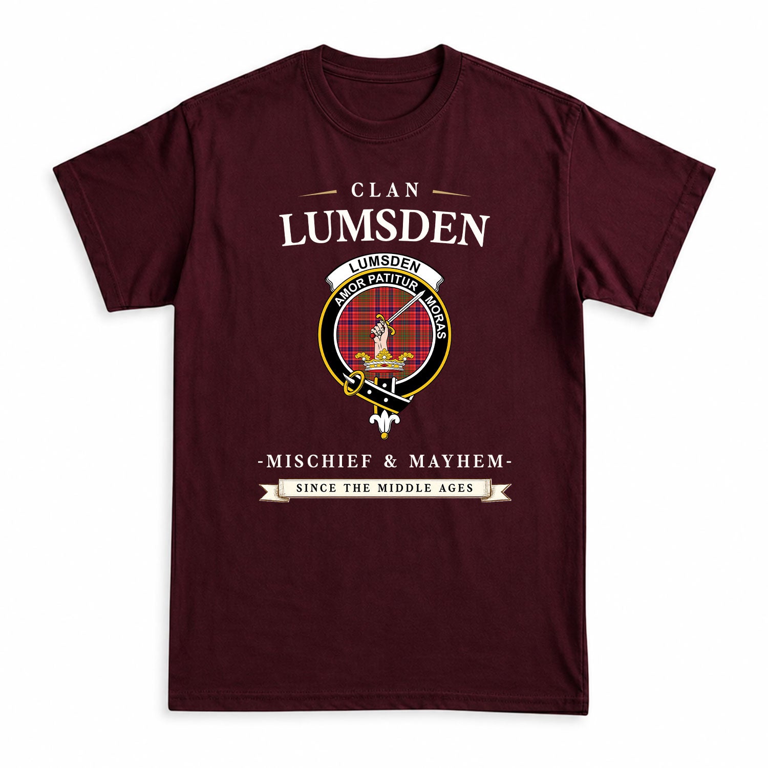 Lumsden Modern Tartan Crest Mischief and Mayhem T-shirt