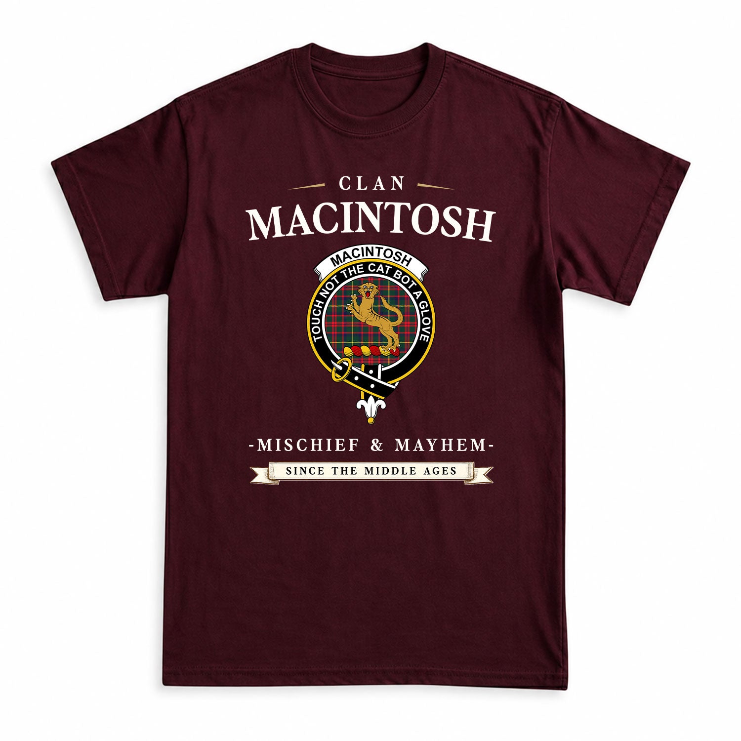 MacIntosh Hunting Modern Tartan Crest Mischief and Mayhem T-shirt