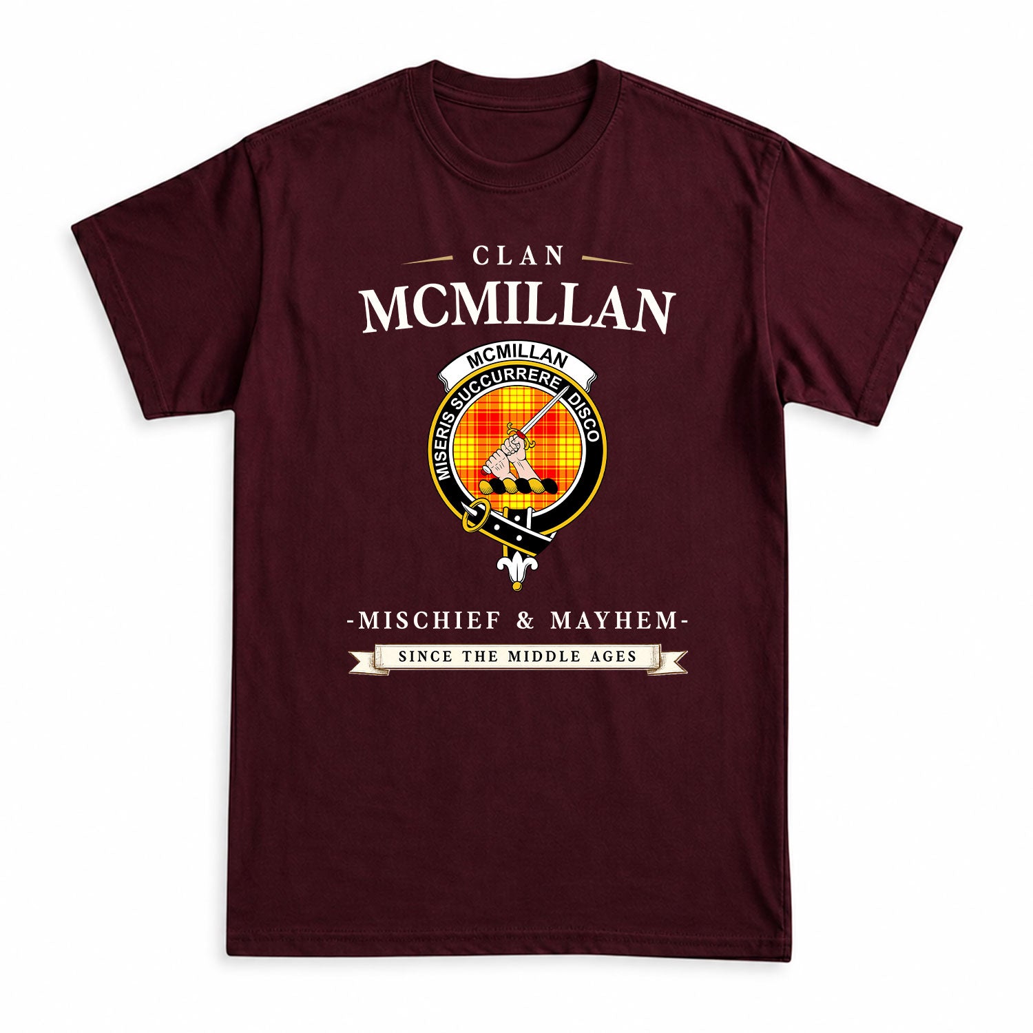 McMillan Clan Tartan Crest Mischief and Mayhem T-shirt