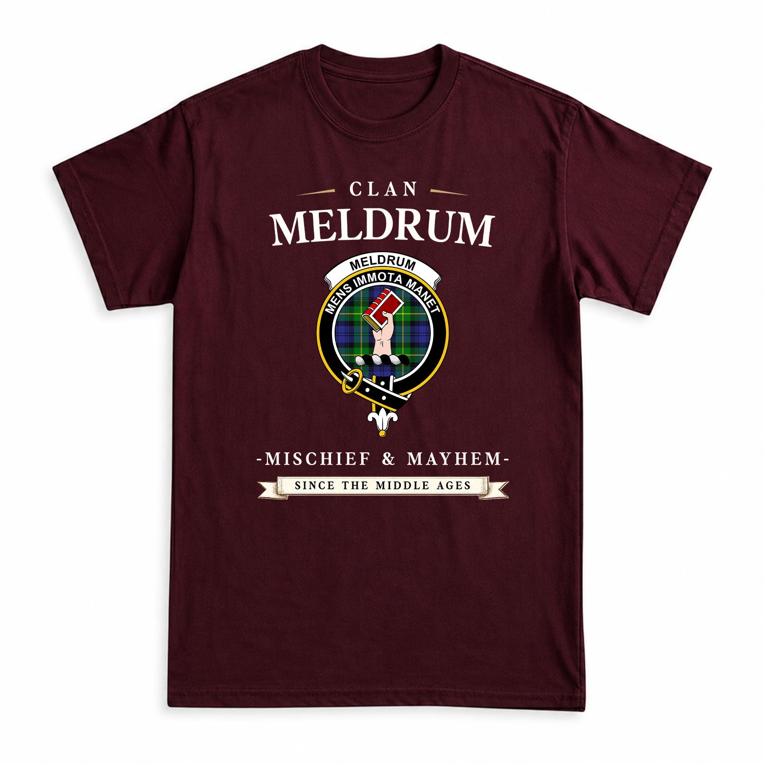 Meldrum Tartan Crest Mischief and Mayhem T-shirt