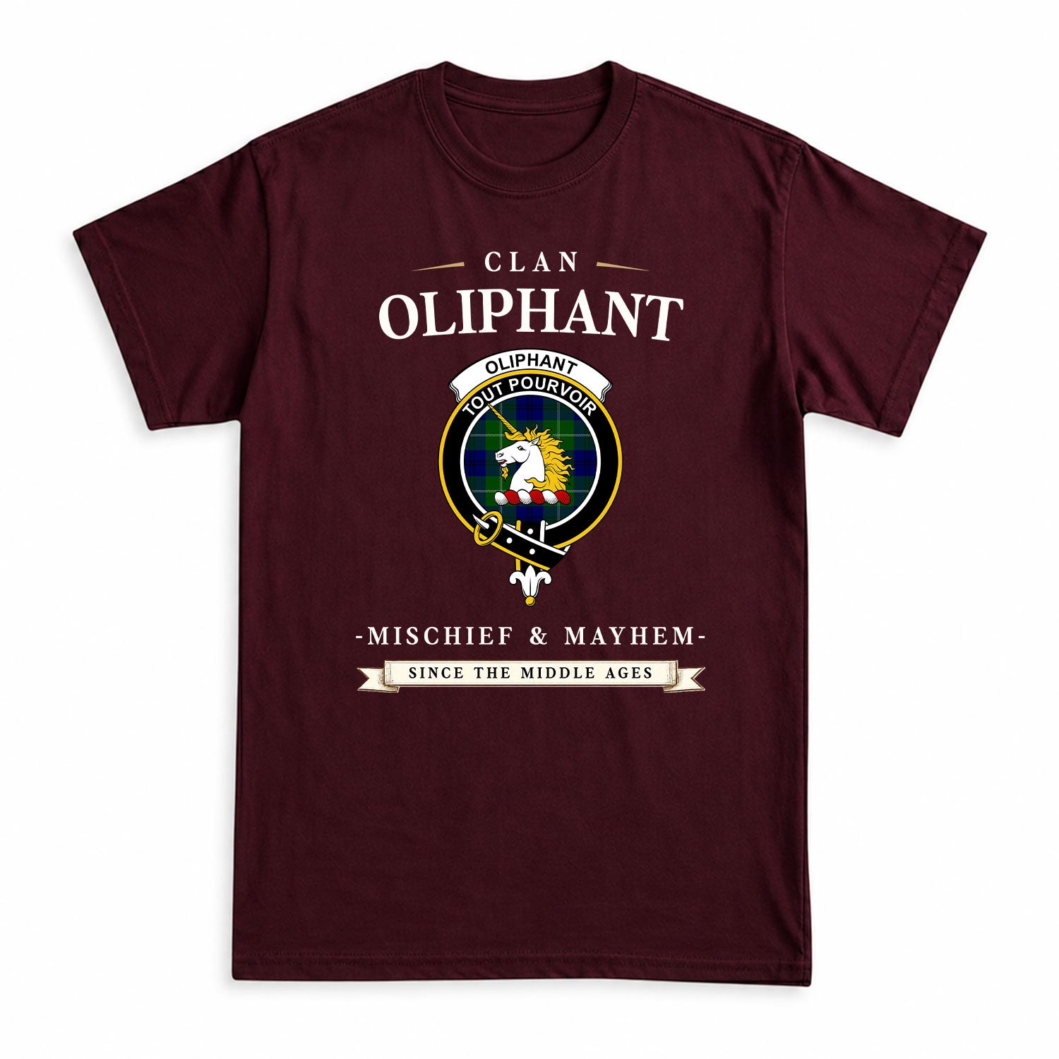 Oliphant Modern Tartan Crest Mischief and Mayhem T-shirt