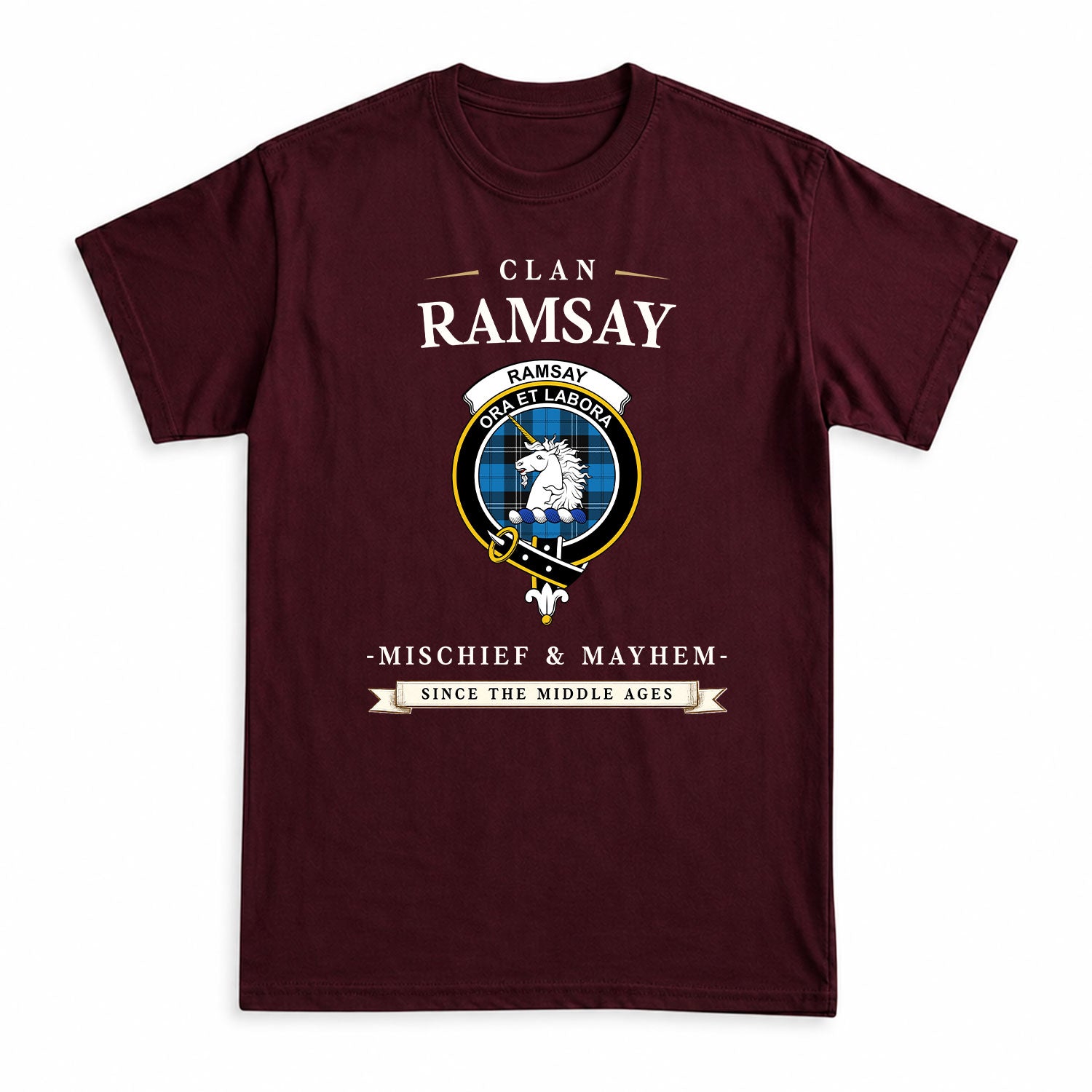 Ramsay Blue Ancient Tartan Crest Mischief and Mayhem T-shirt
