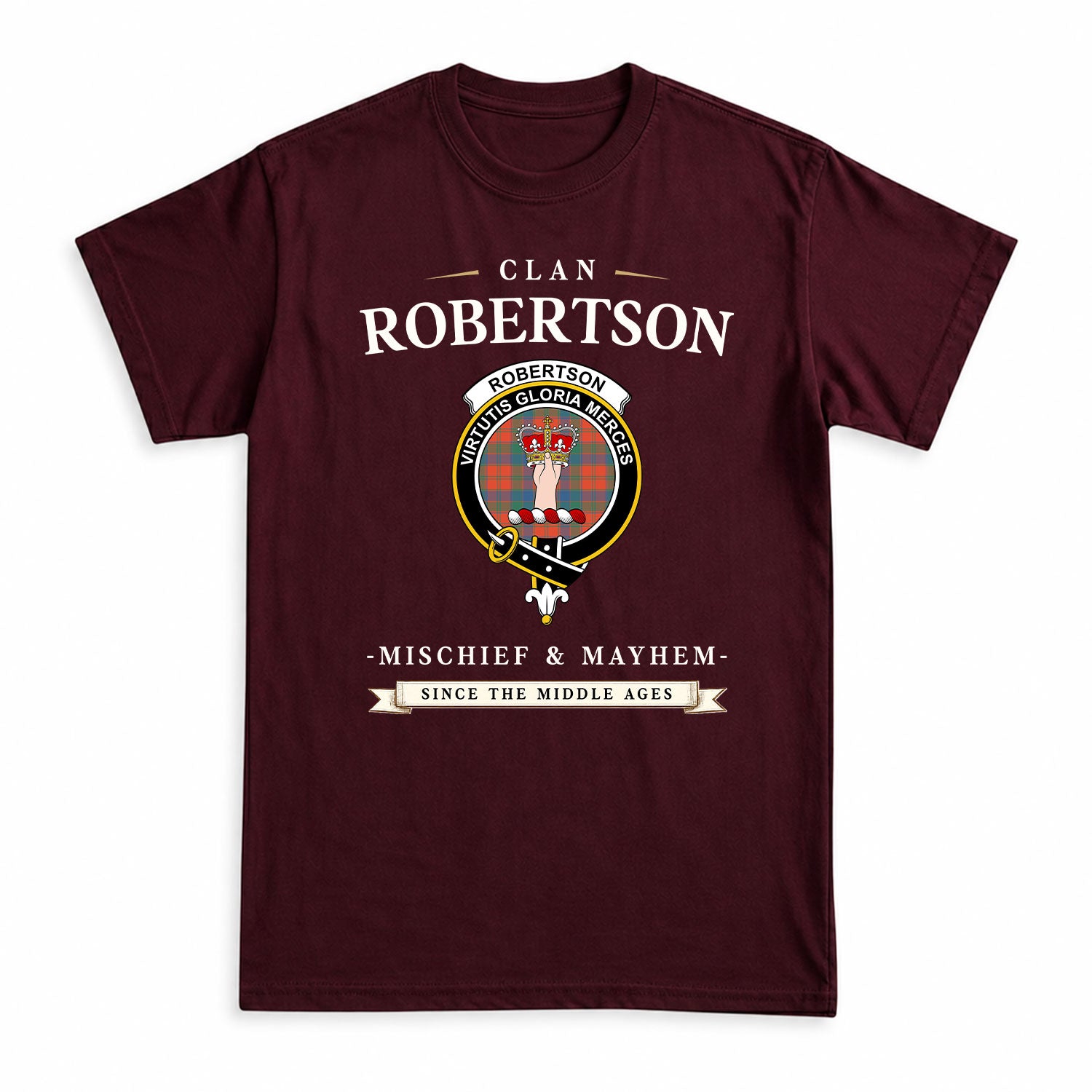 Robertson Ancient Tartan Crest Mischief and Mayhem T-shirt