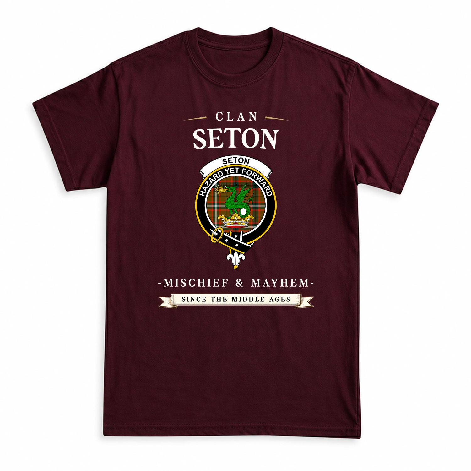 Seton Hunting Modern Tartan Crest Mischief and Mayhem T-shirt