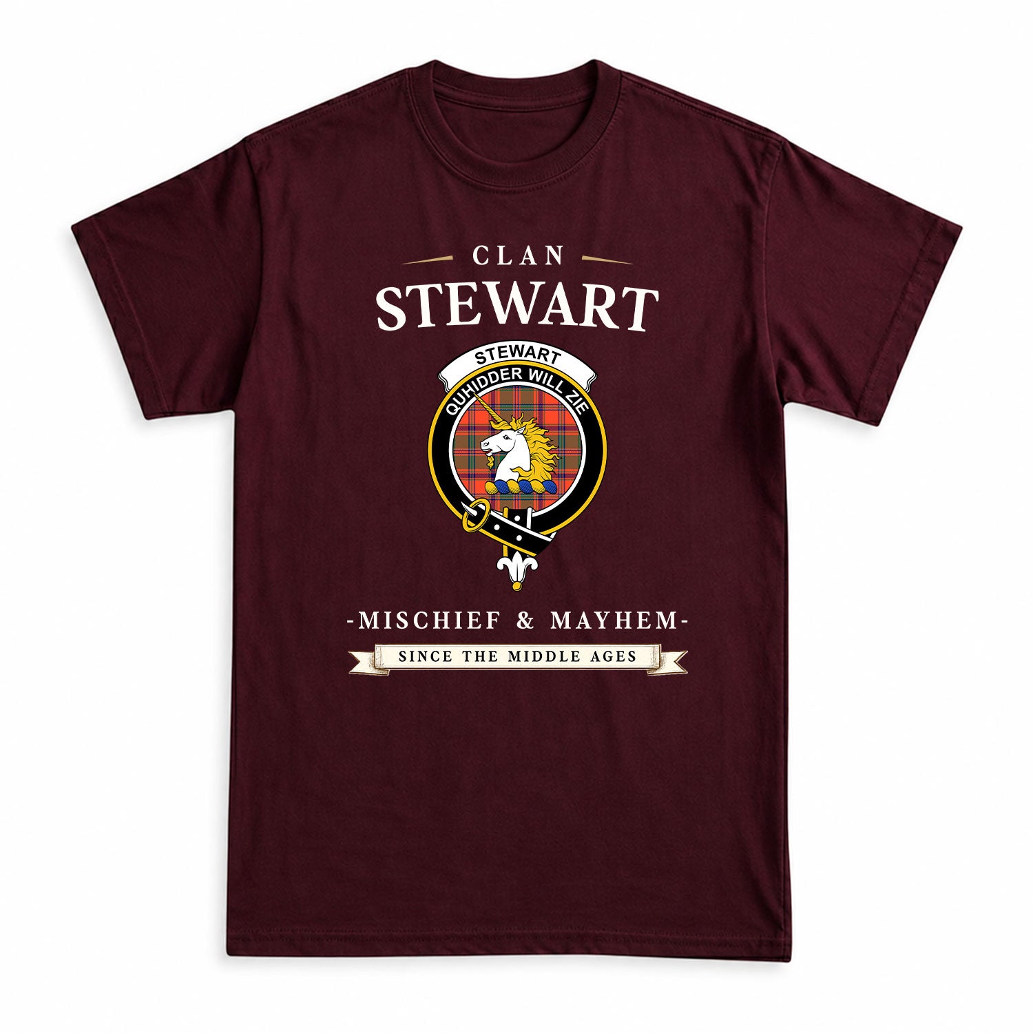 Stewart of Appin Ancient Tartan Crest Mischief and Mayhem T-shirt