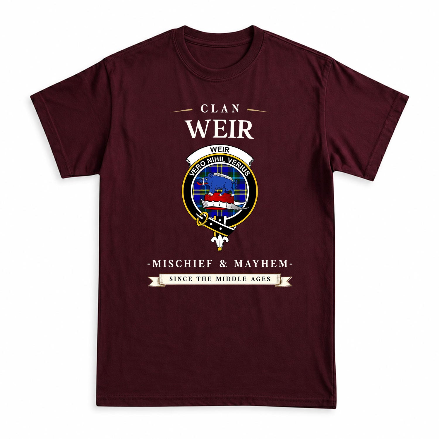 Weir Modern Tartan Crest Mischief and Mayhem T-shirt