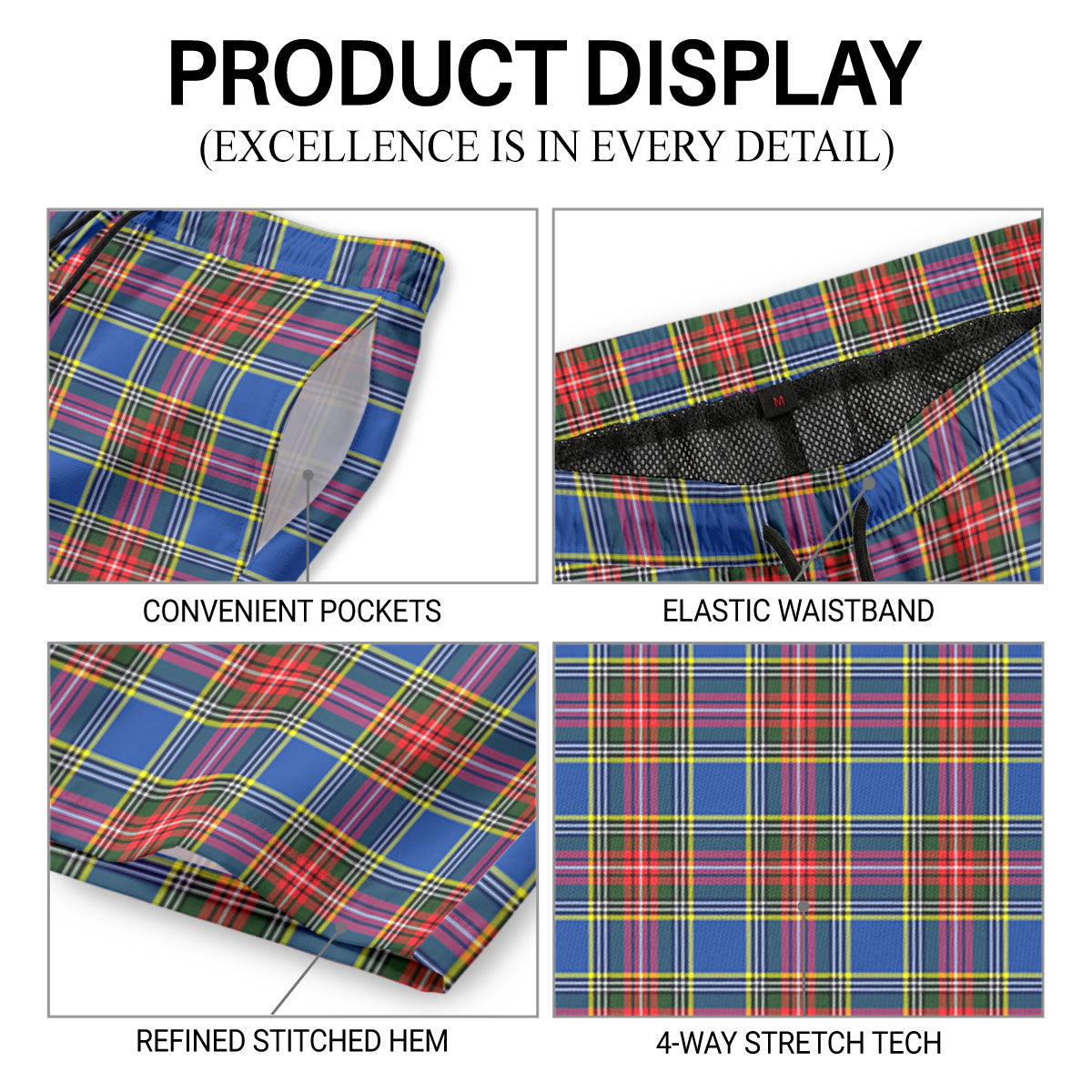 Bethune Modern Tartan Crest Men's Beach Shorts