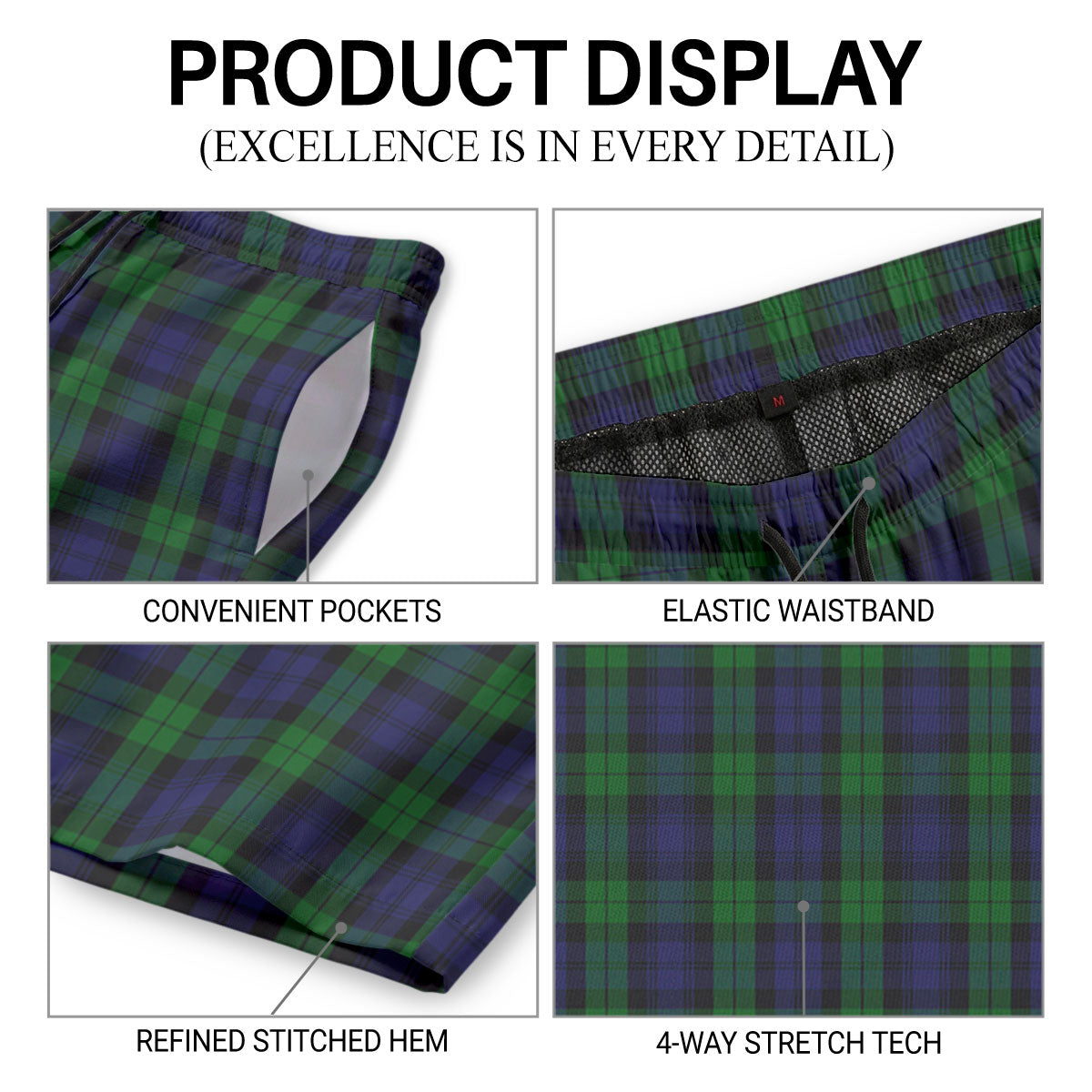 Black Watch Tartan Crest Men's Beach Shorts