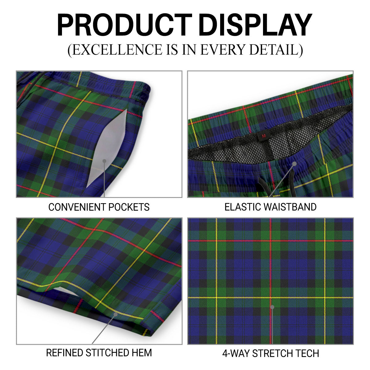 MacEwan Modern Tartan Crest Men's Beach Shorts