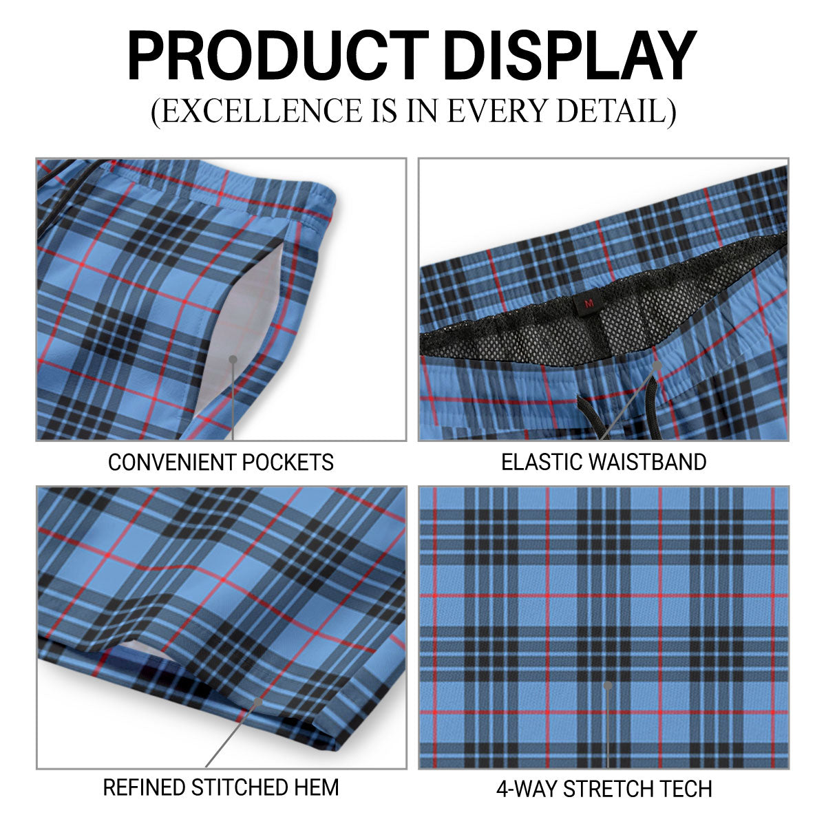 MacKay Blue Tartan Crest Men's Beach Shorts