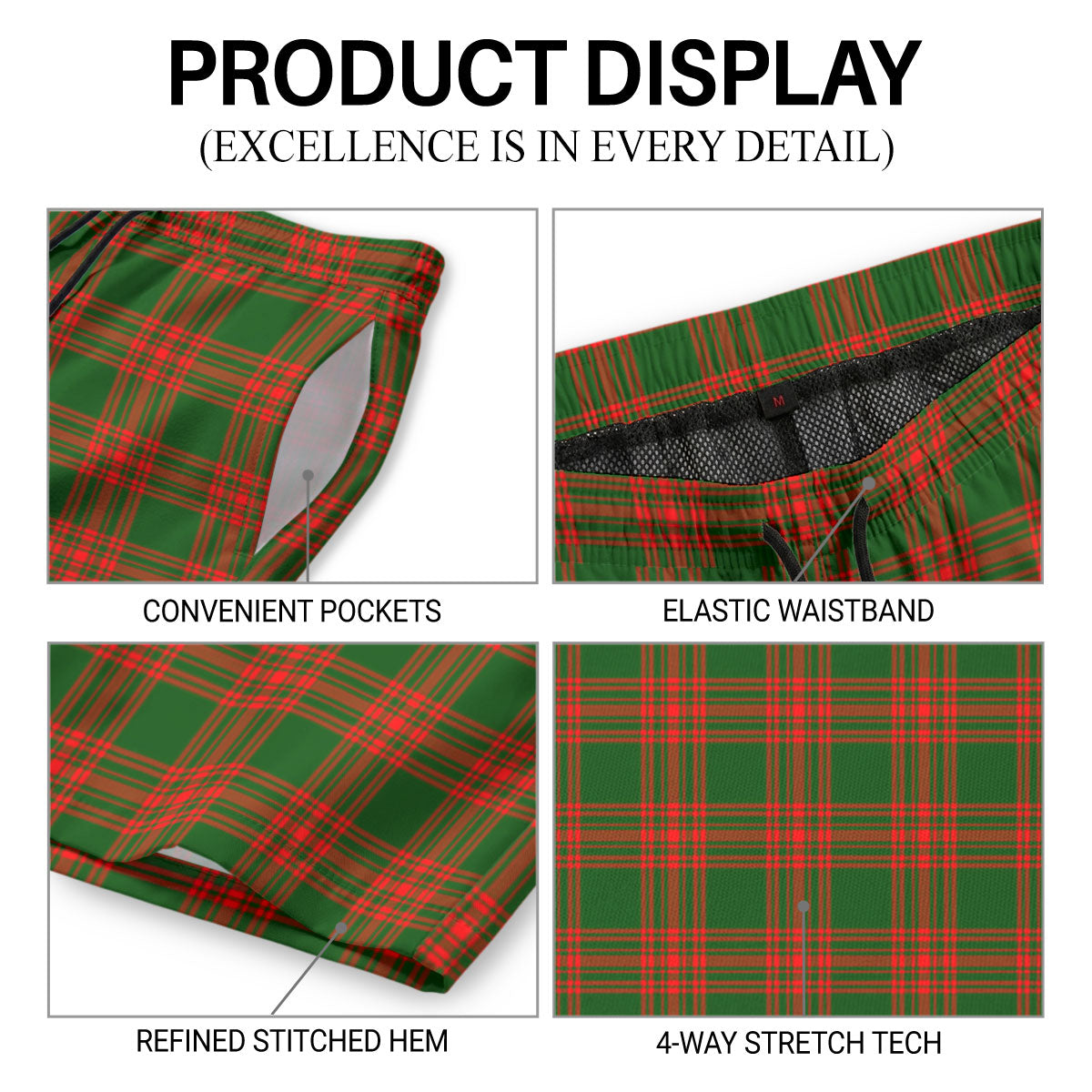 Menzies Green Modern Tartan Crest Men's Beach Shorts