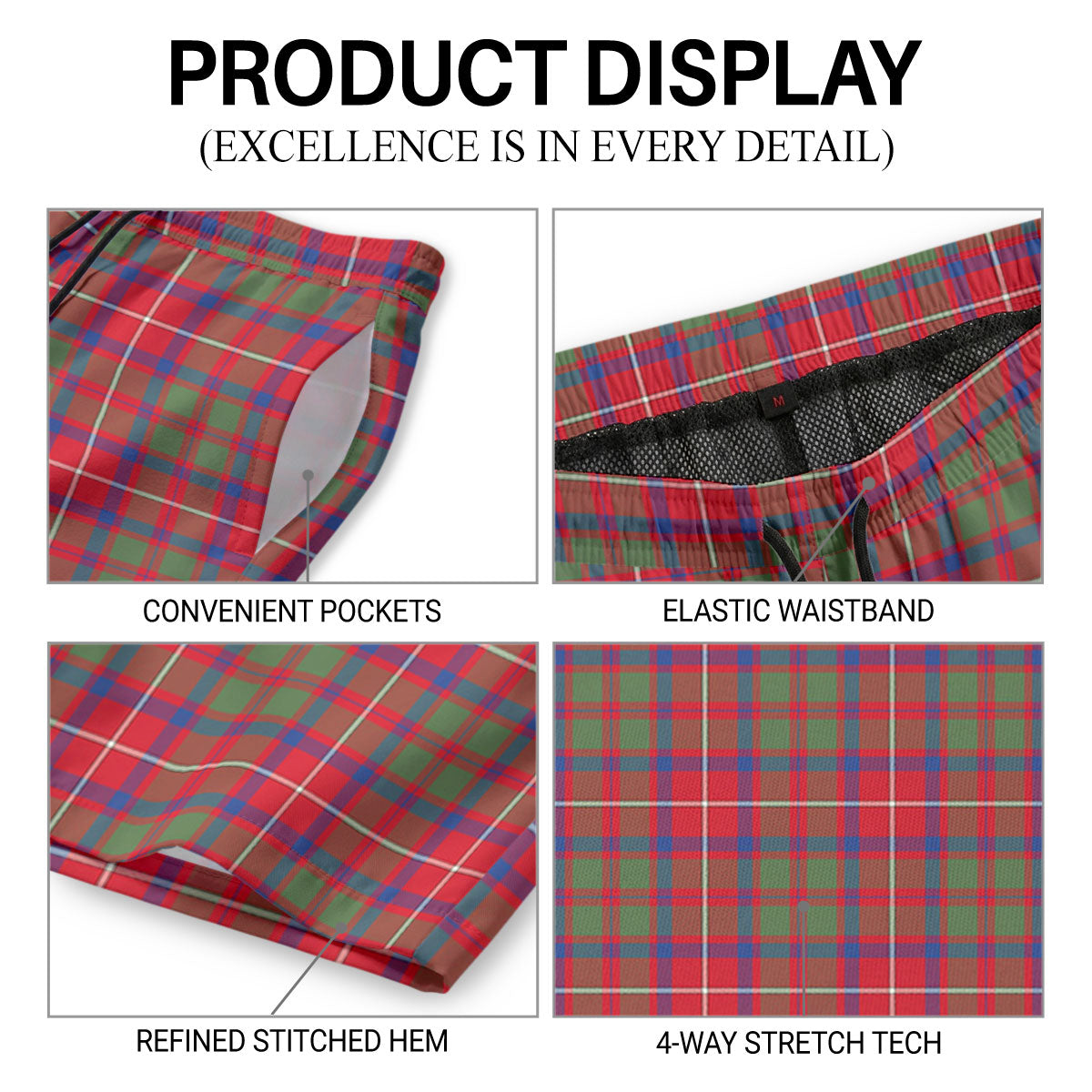 Shaw Red Modern Tartan Crest Men's Beach Shorts