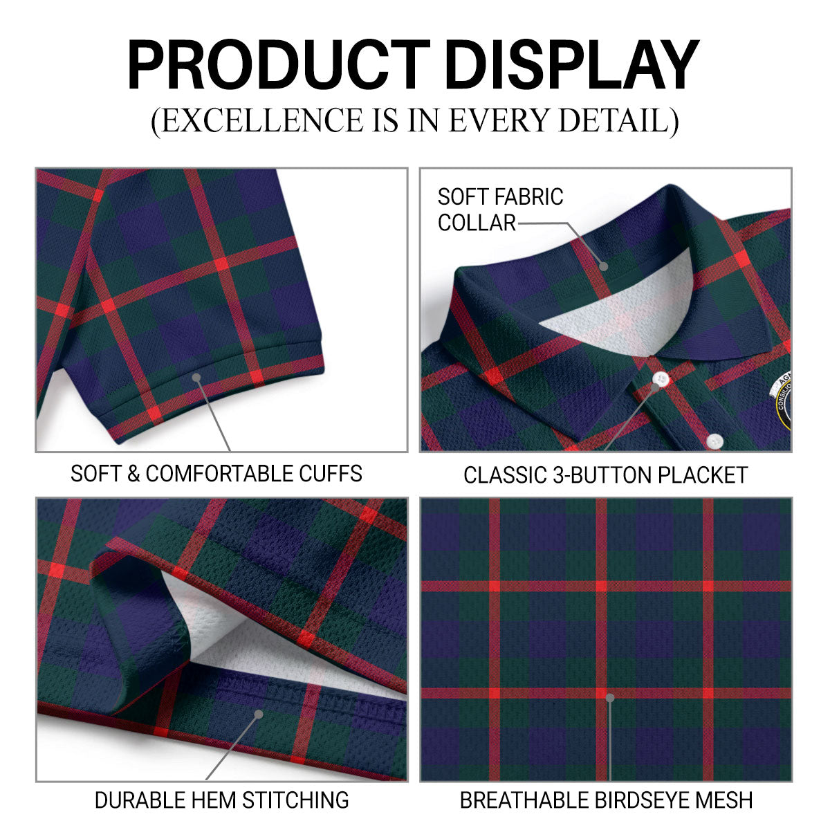 Agnew Modern Tartan Crest Birdseye Mesh Polo Shirt