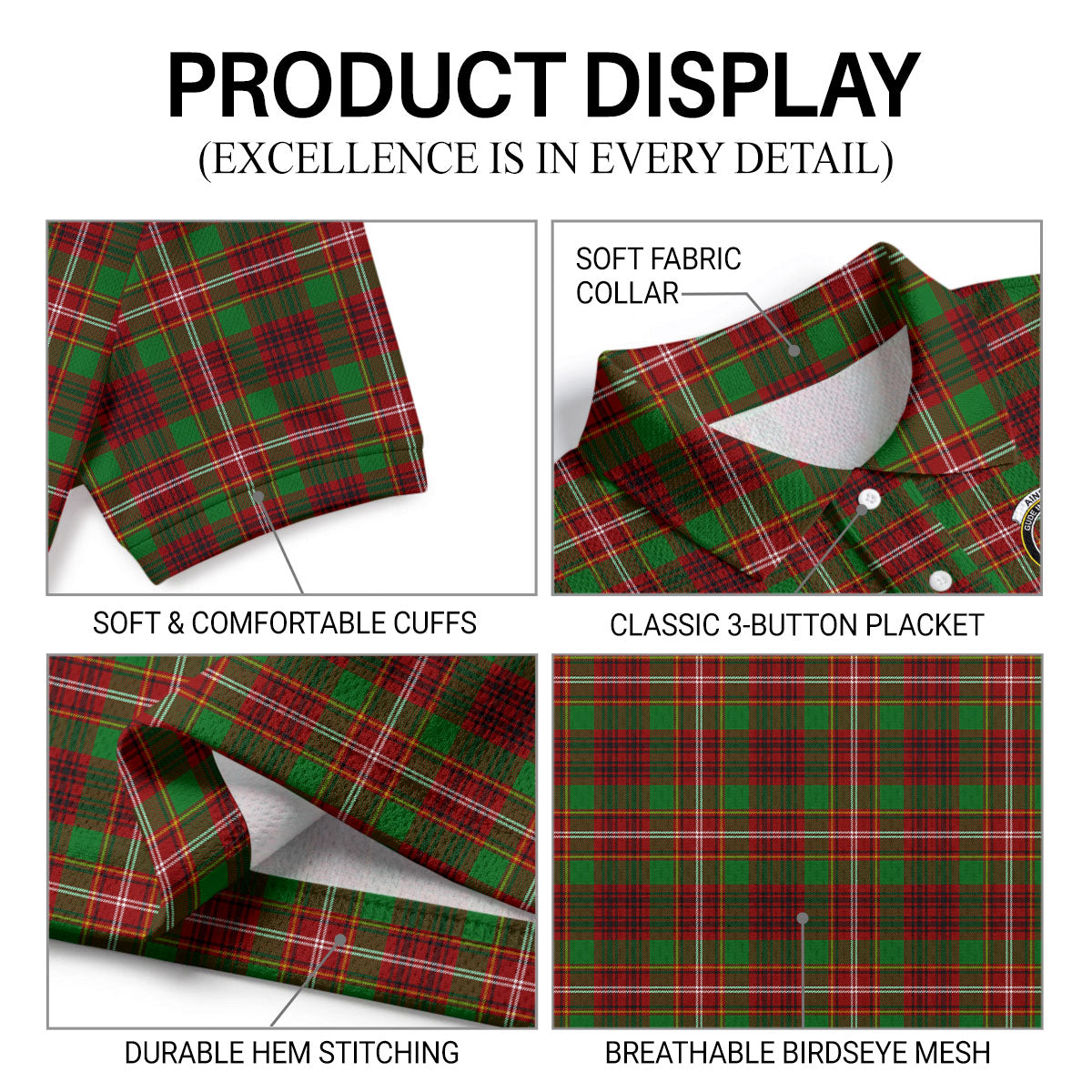 Ainslie Tartan Crest Birdseye Mesh Polo Shirt