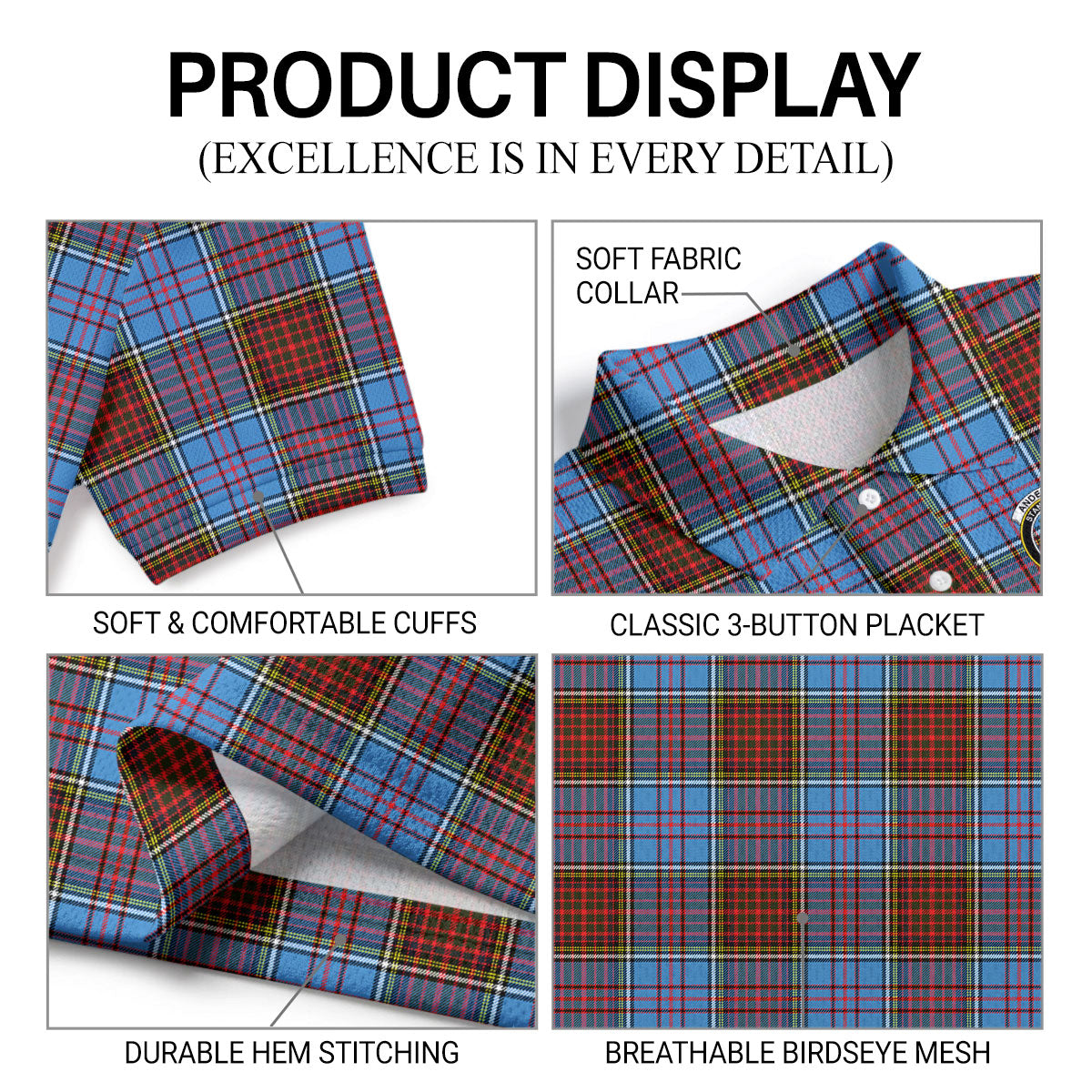 Anderson Modern Tartan Crest Birdseye Mesh Polo Shirt