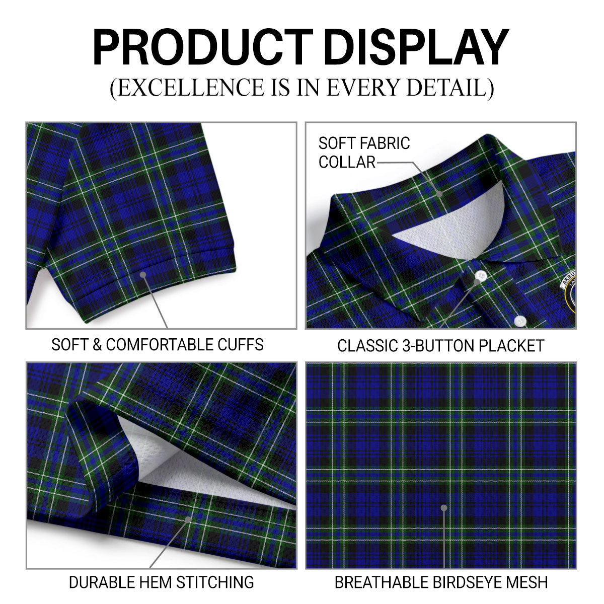 Arbuthnot Modern Tartan Crest Birdseye Mesh Polo Shirt