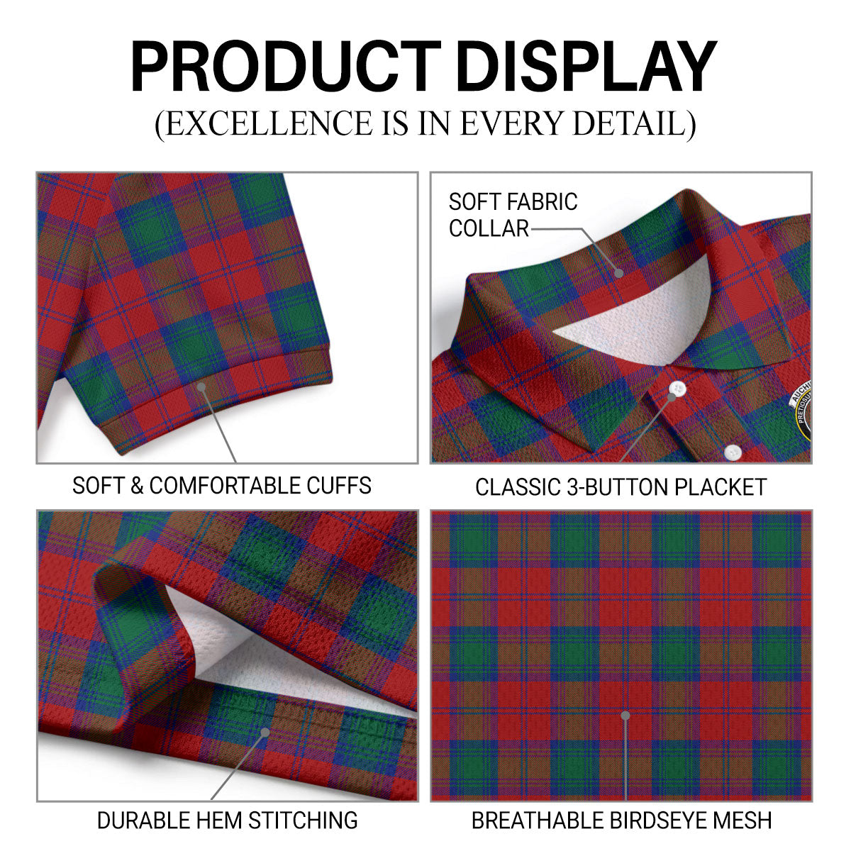 Auchinleck Tartan Crest Birdseye Mesh Polo Shirt
